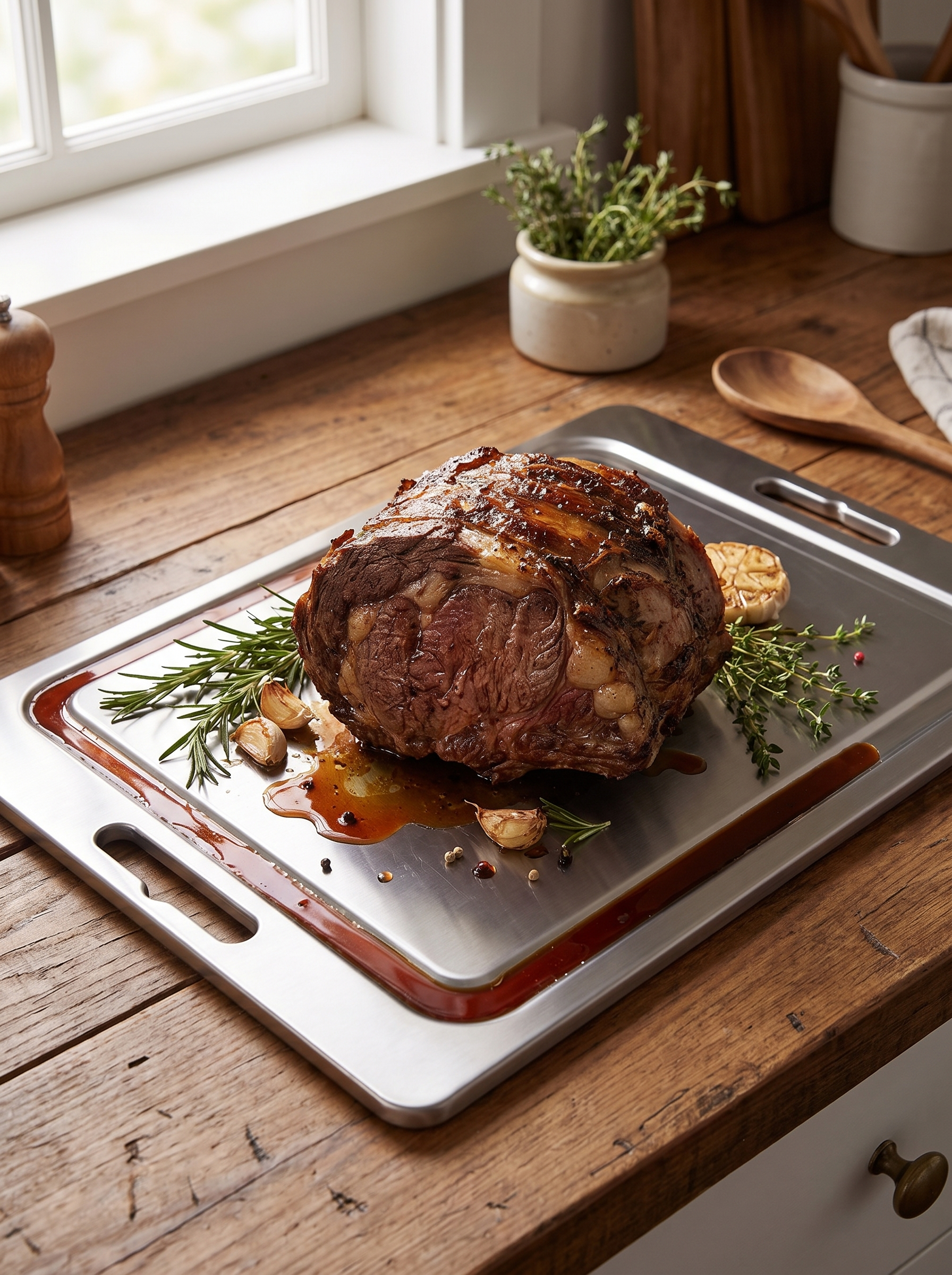 Steel carving board with a roast joint and juices in the groove