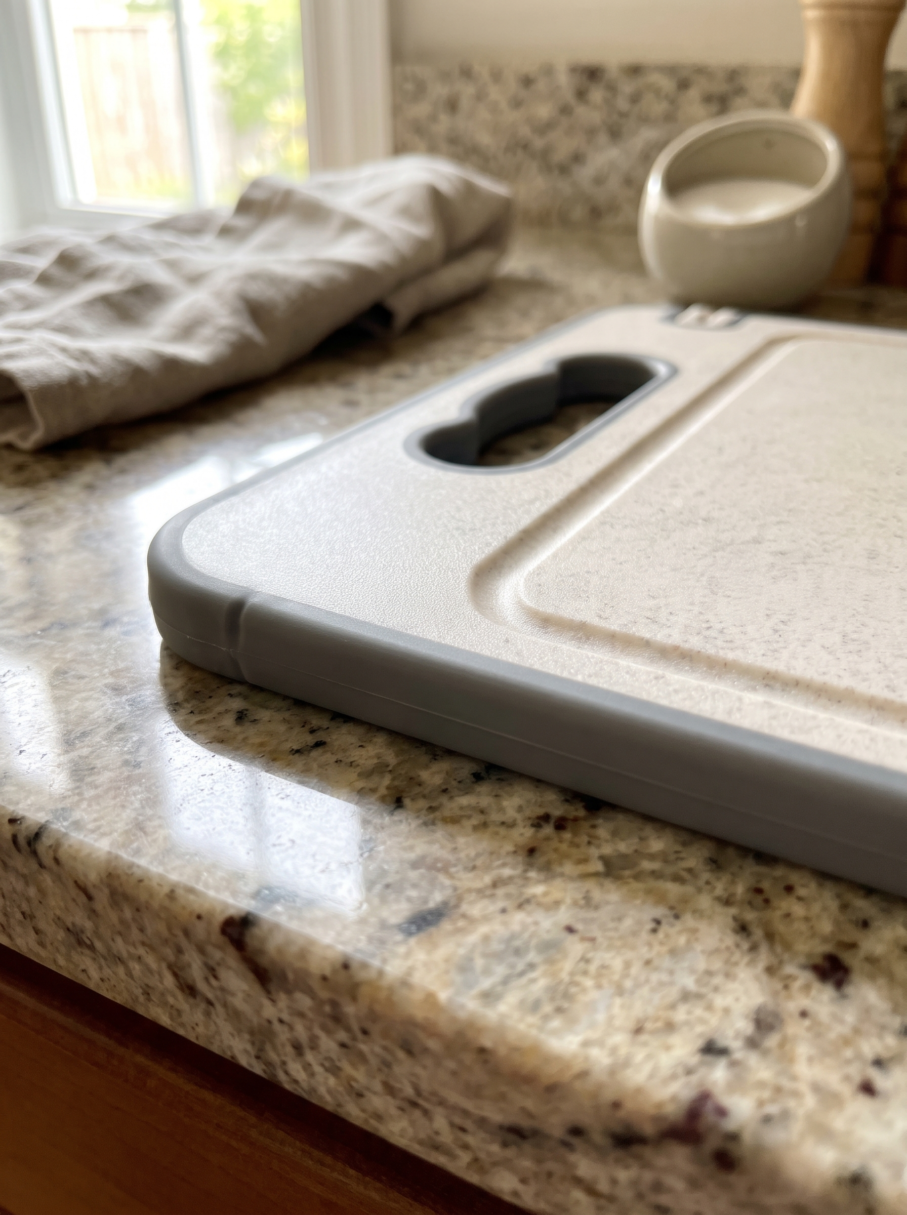 Silicone edge of the steel board gripping a worktop