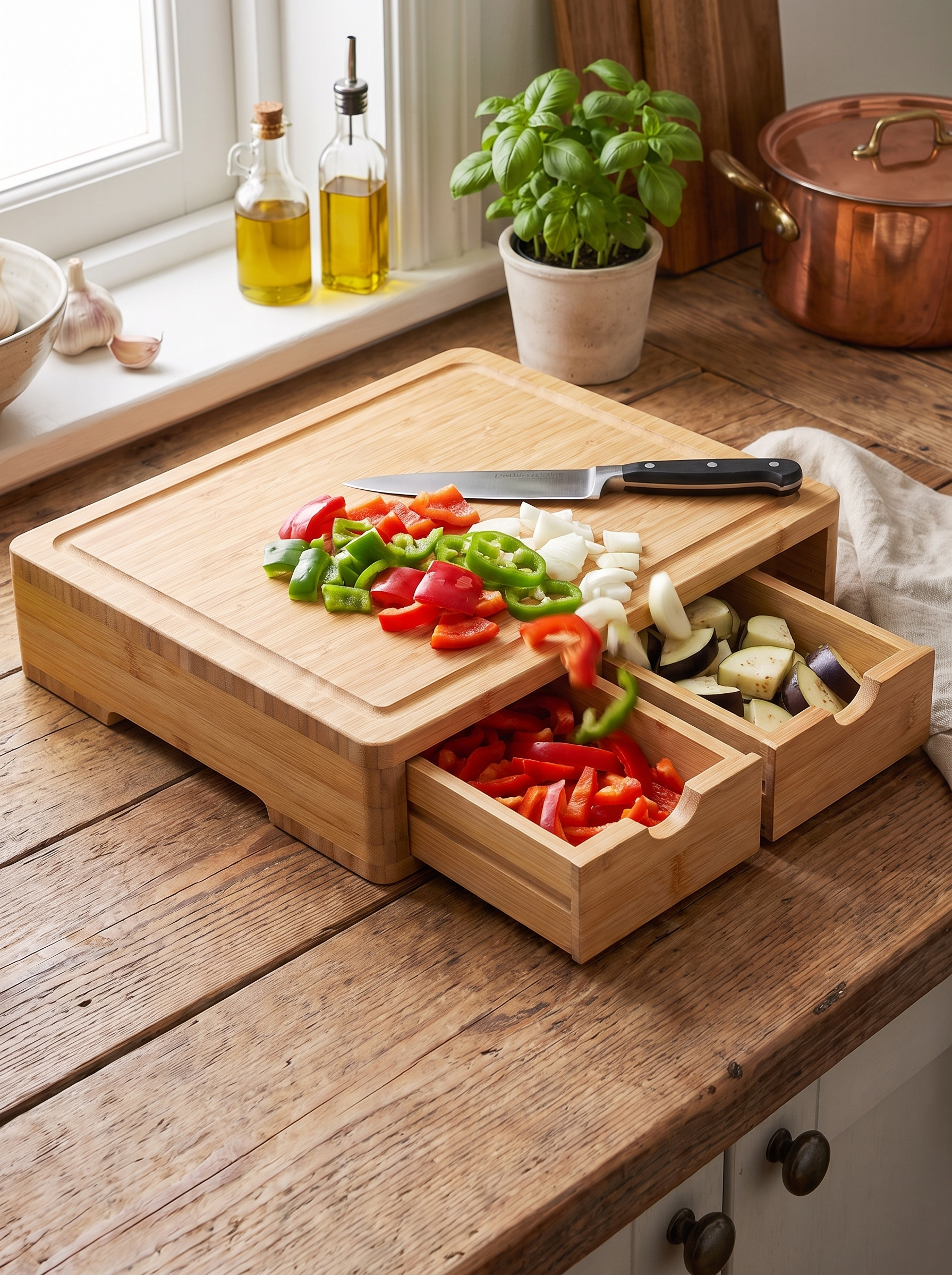 Bamboo chopping block with vegetables above its pull out drawer