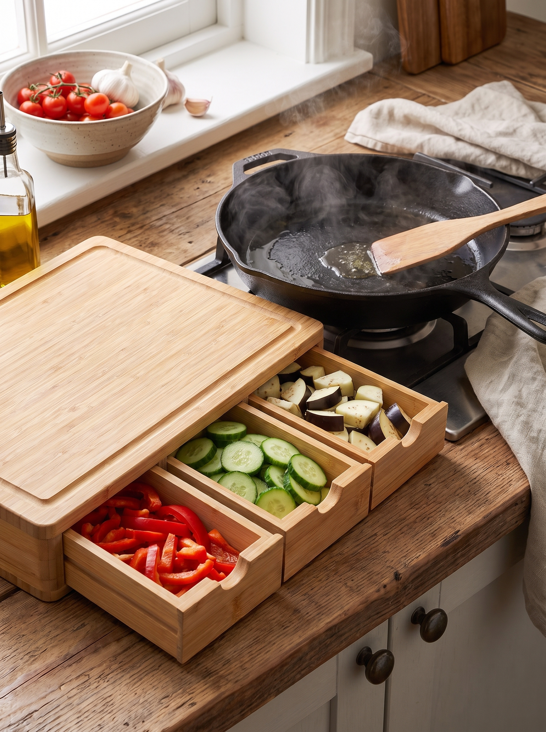 Pull out drawer used as a prep tray beside a hot pan