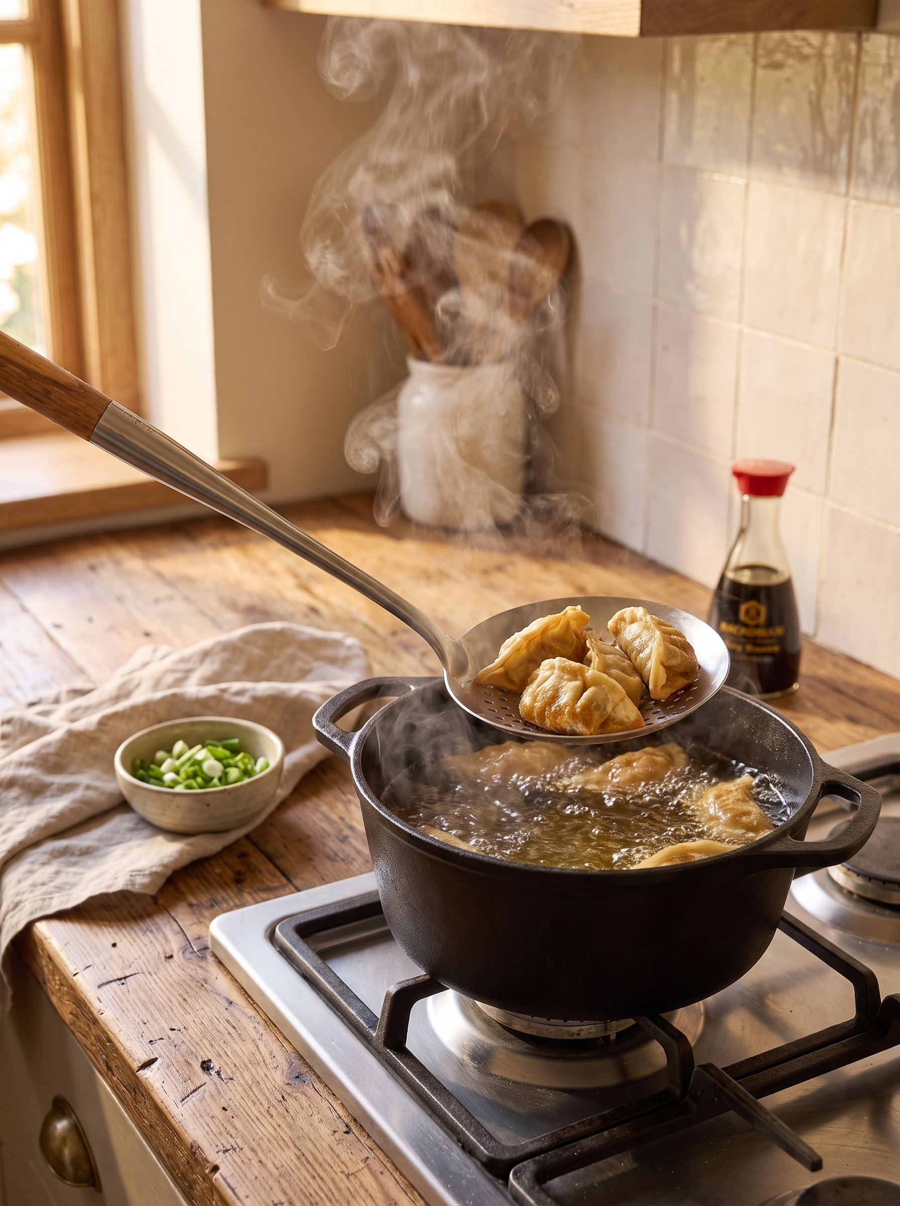 Wok skimmer lifting dumplings clear of hot oil