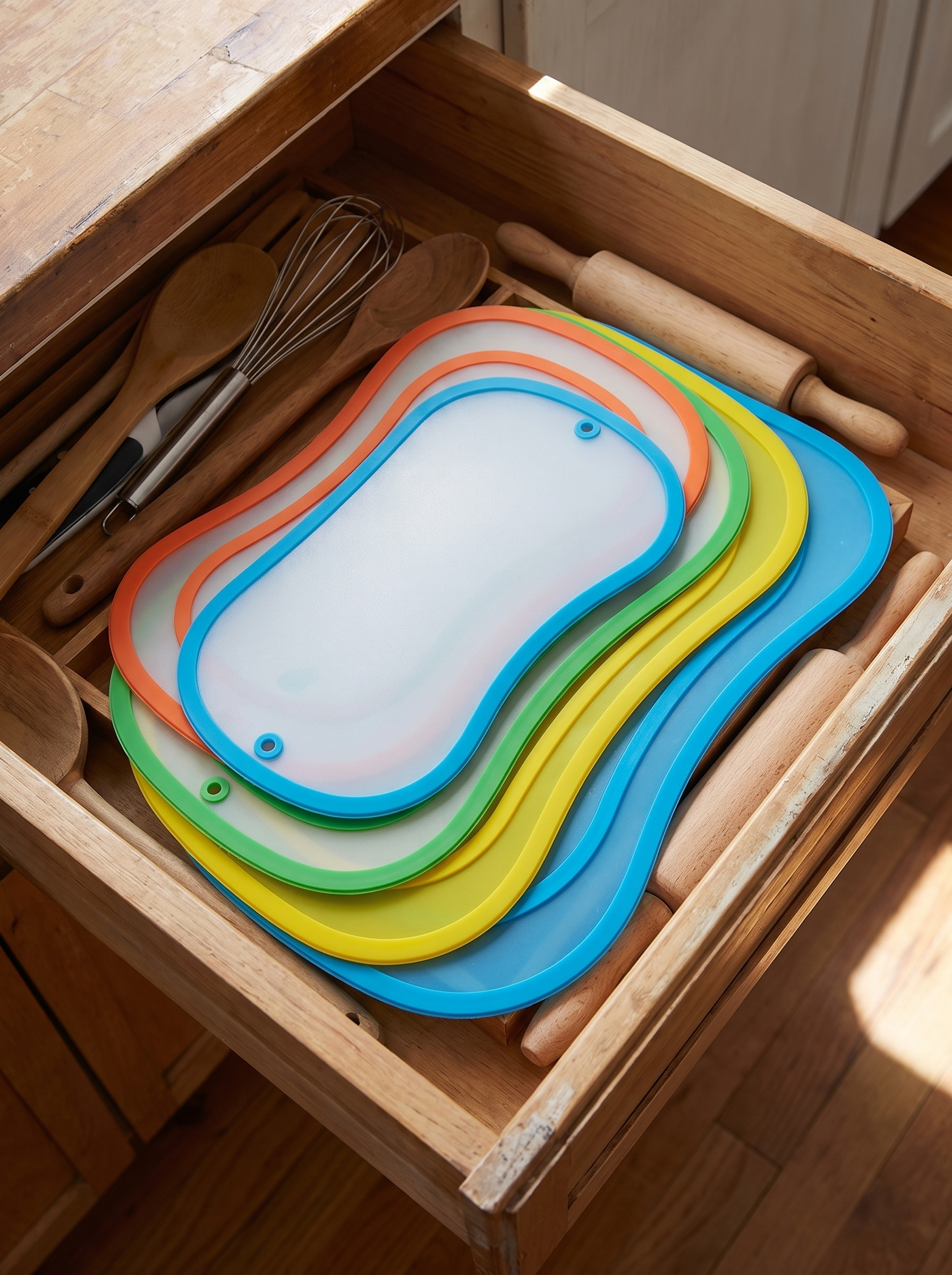 Thin cutting mats stacked flat in a kitchen drawer