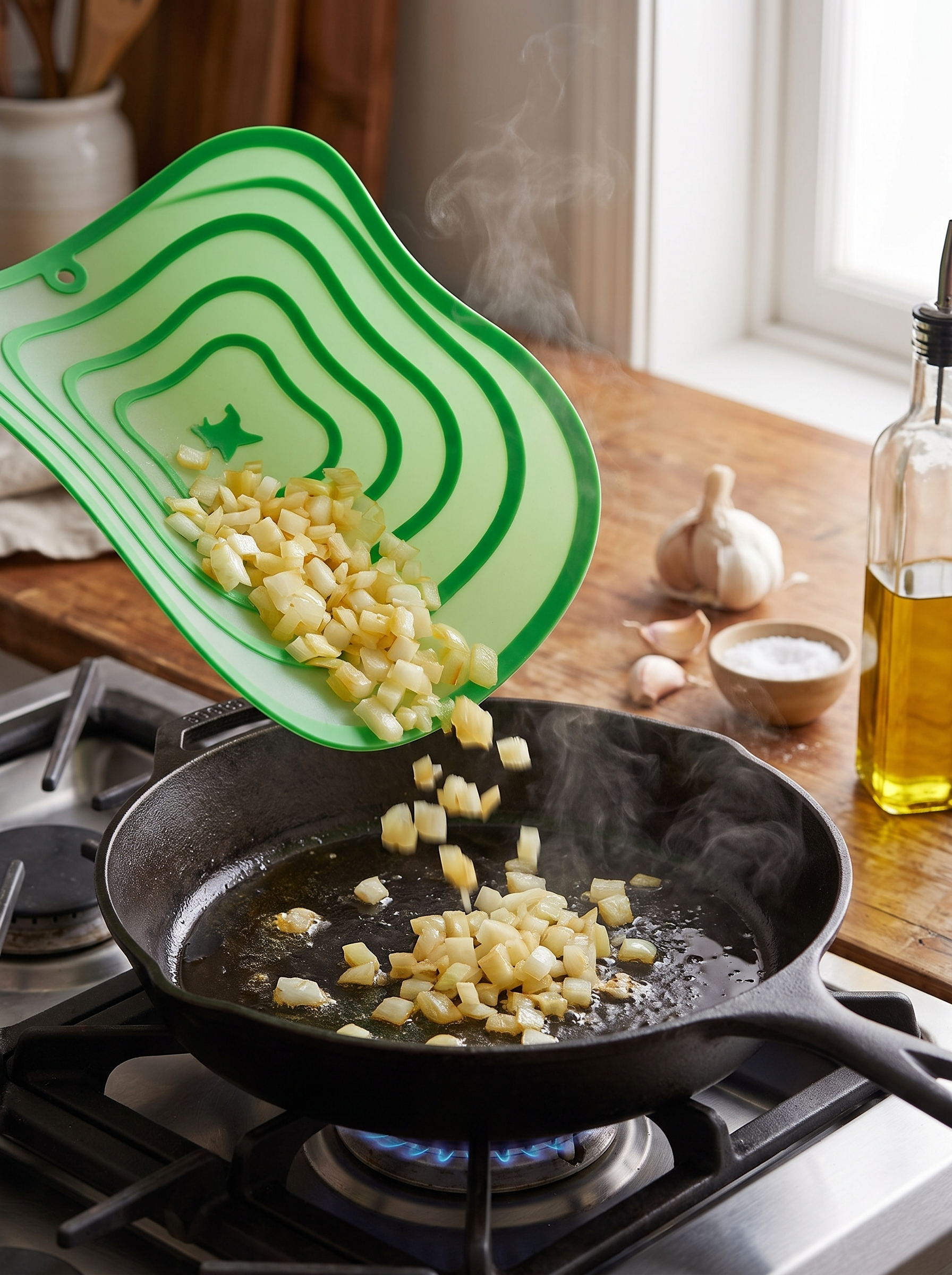 Flexible cutting mat curled into a chute above a pan