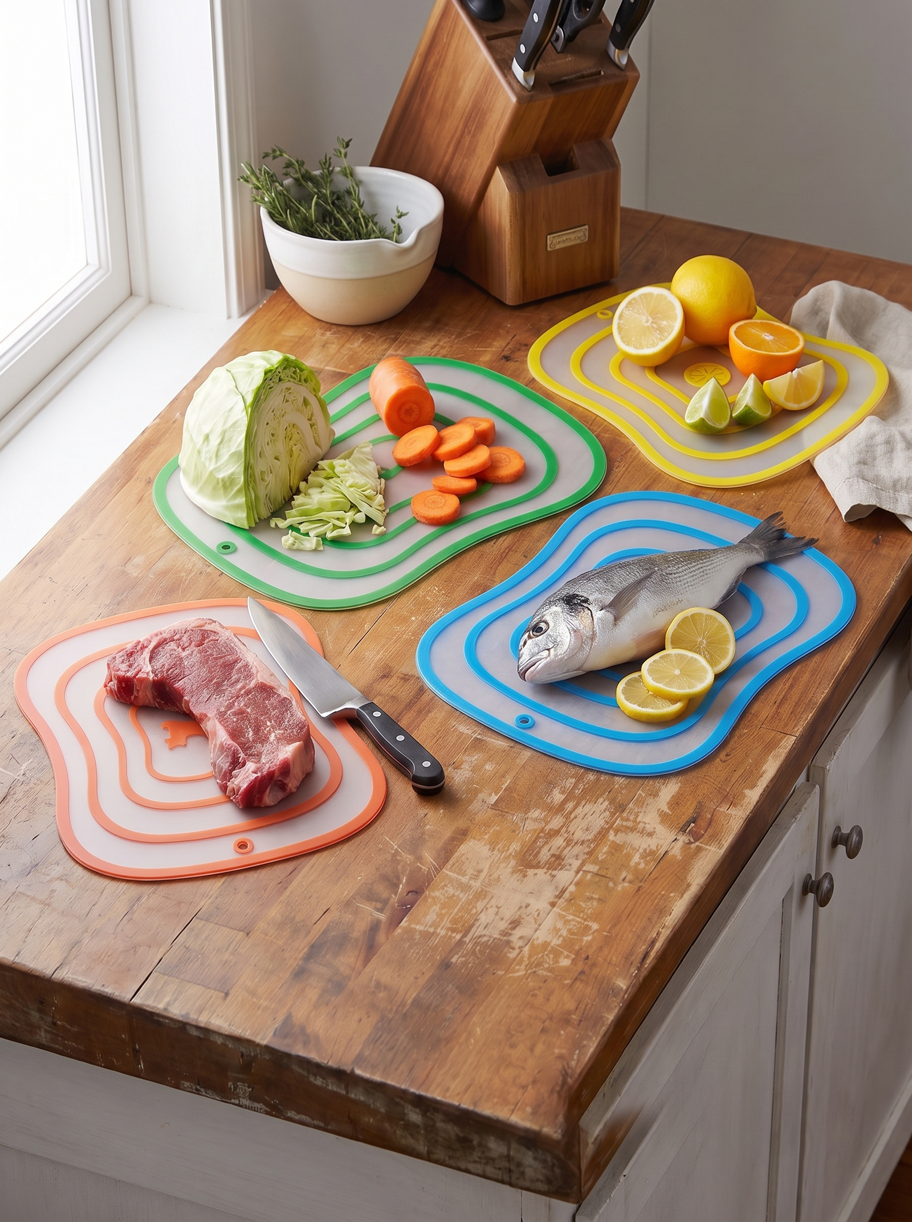 Four flexible cutting mats laid out with different ingredients