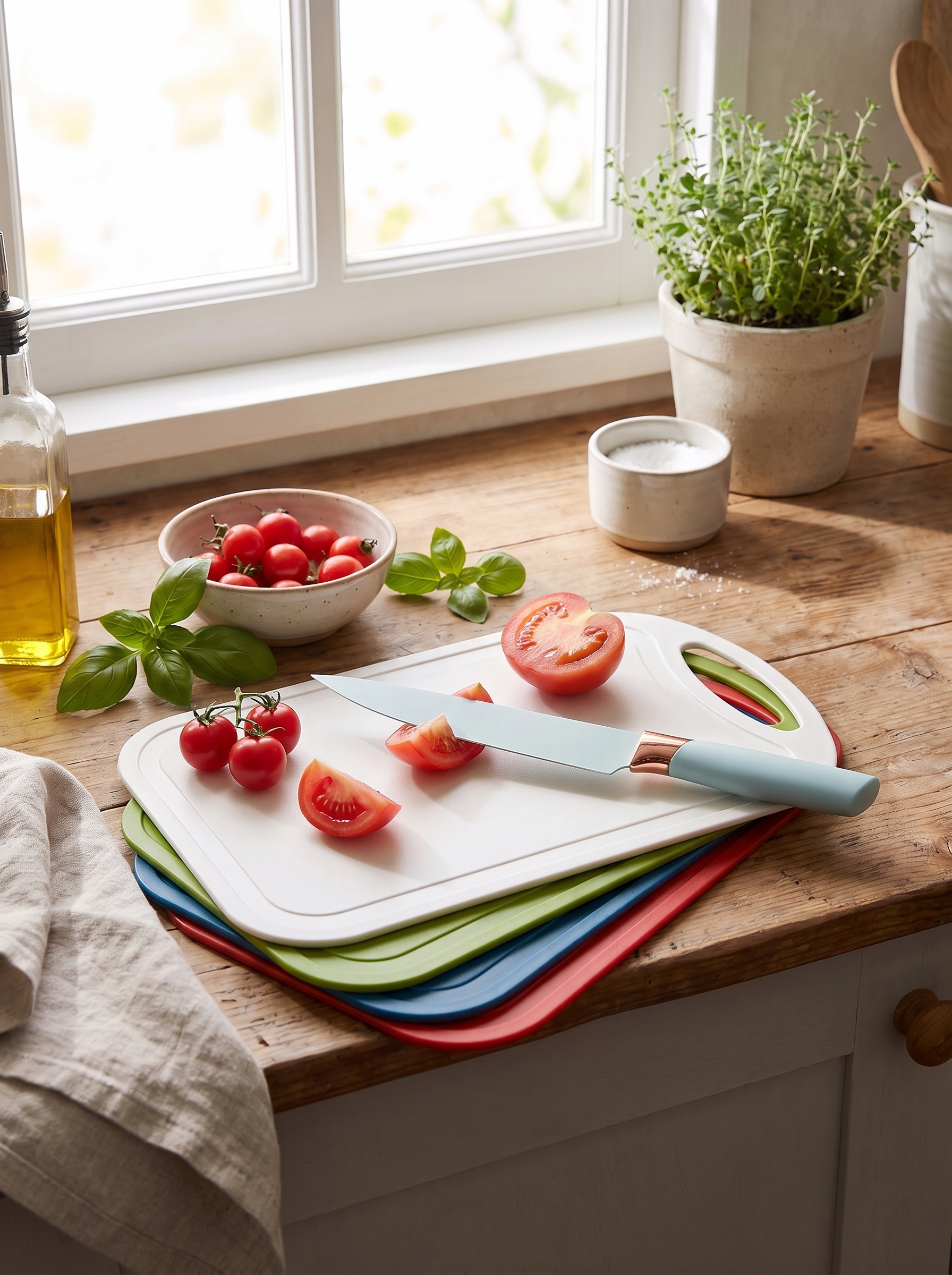 Multicolour chopping boards fanned out on a worktop