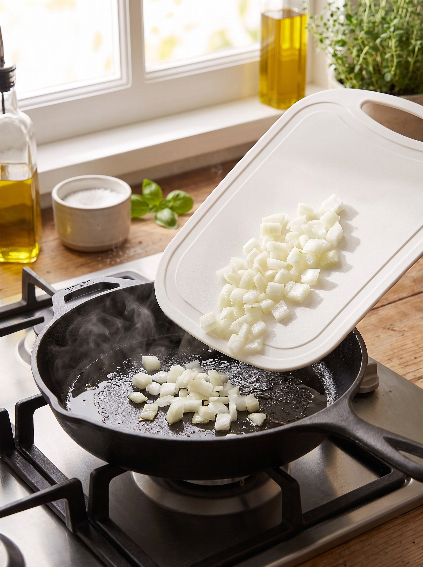 Chopping board curved to tip onion into a pan