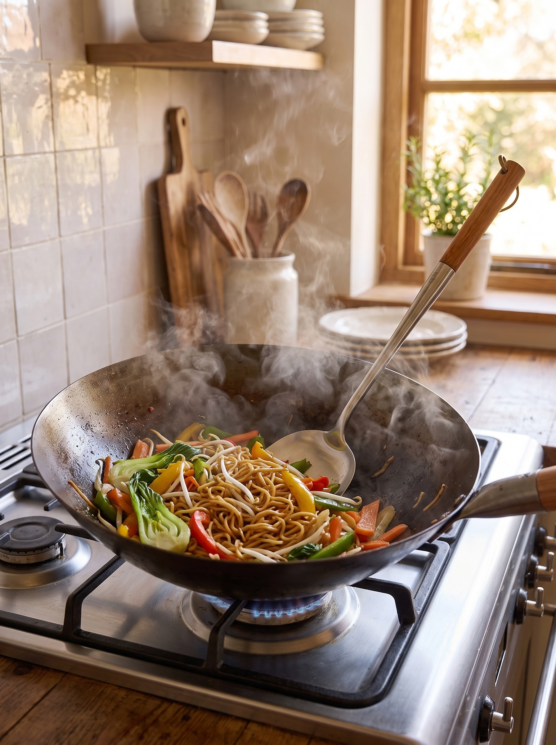 Long wok spatula resting in a hot wok over a flame