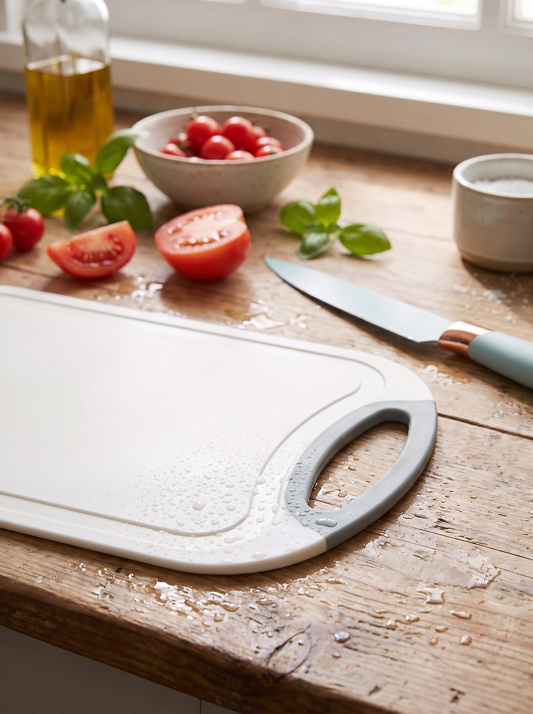 Textured non slip base of a chopping board on a wet worktop