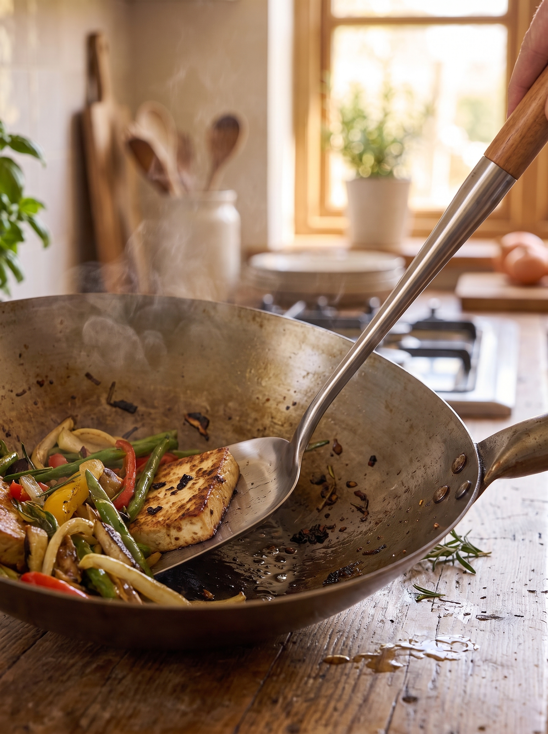 Thin leading edge of the wok spatula head against a wok
