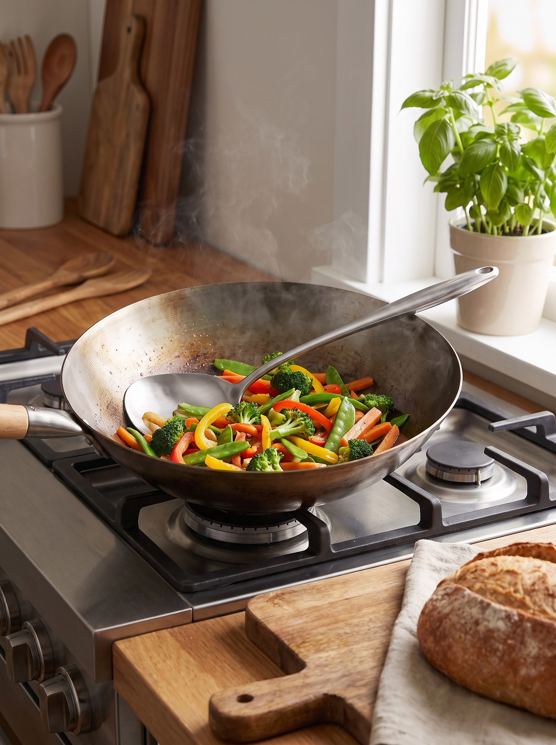 Wok spatula resting in a carbon steel wok with stir fry