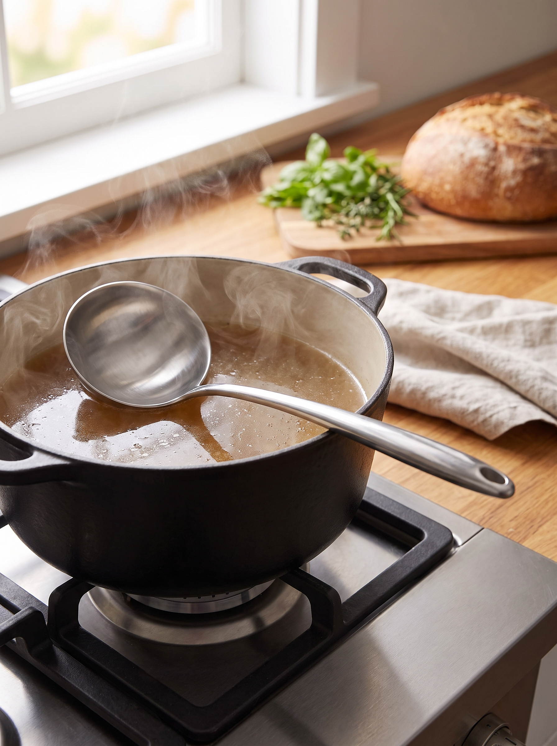 Deep steel ladle resting in a pot of broth