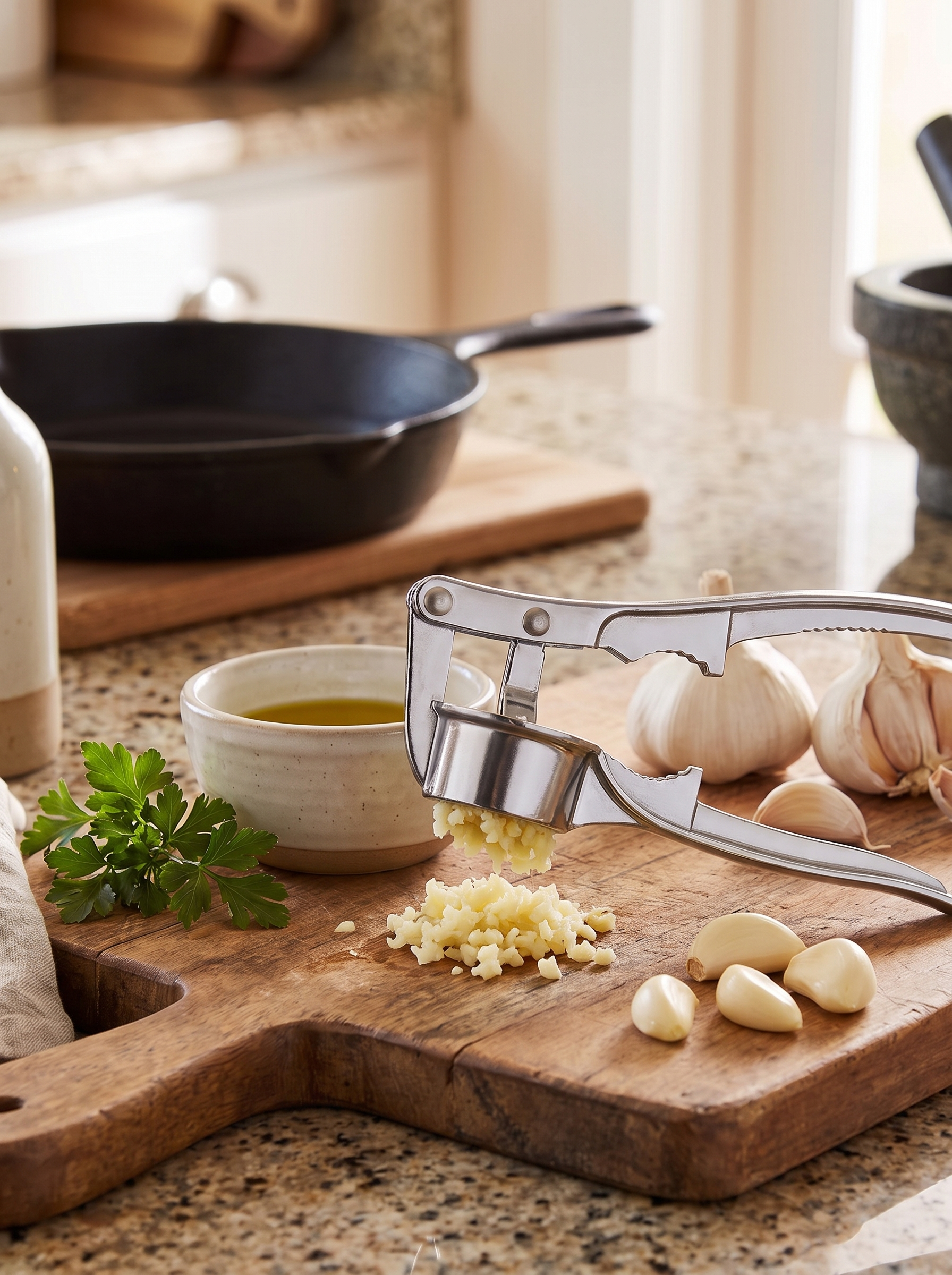 Steel garlic press beside cloves and crushed garlic