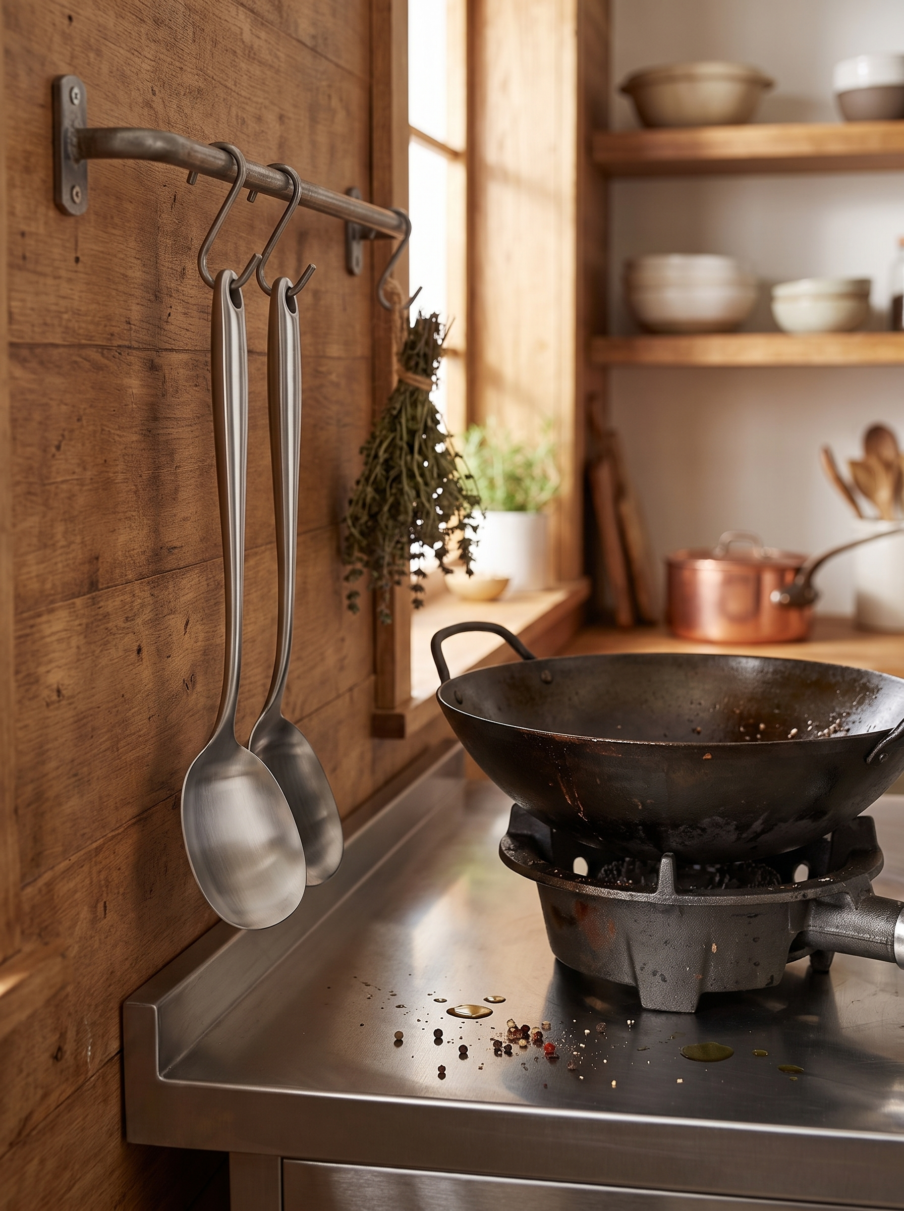 Wok spatula and ladle hanging from a kitchen rail