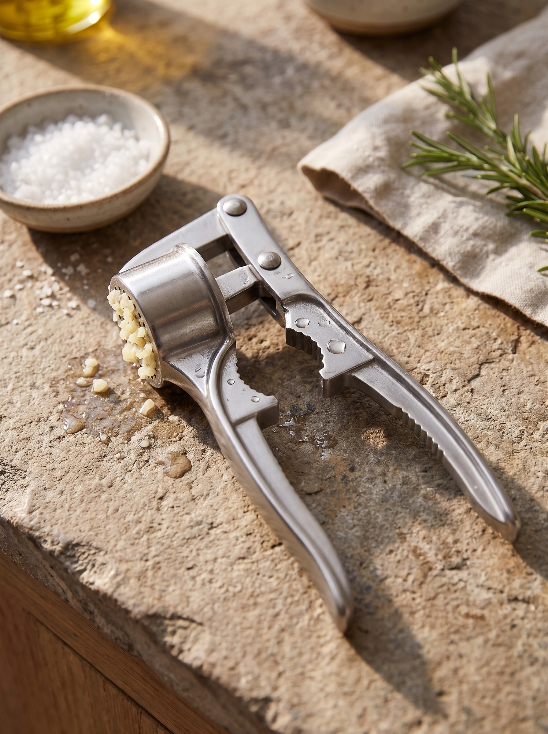 Close view of the solid cast arms of the garlic press