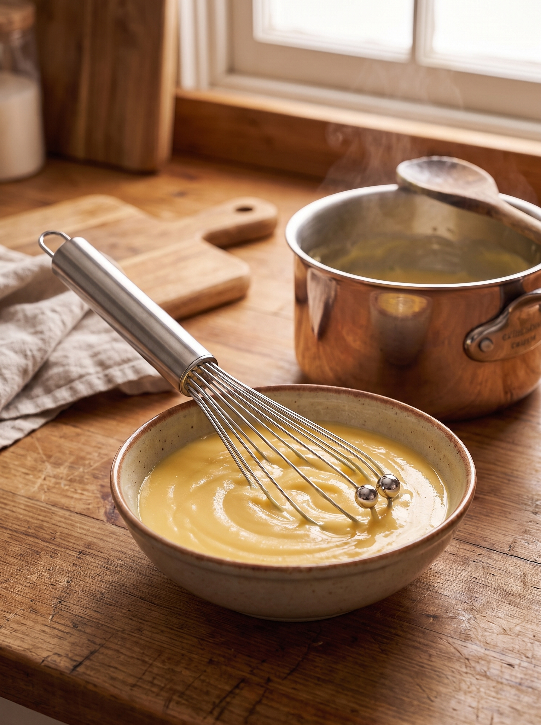 Ball whisk in a bowl of smooth custard