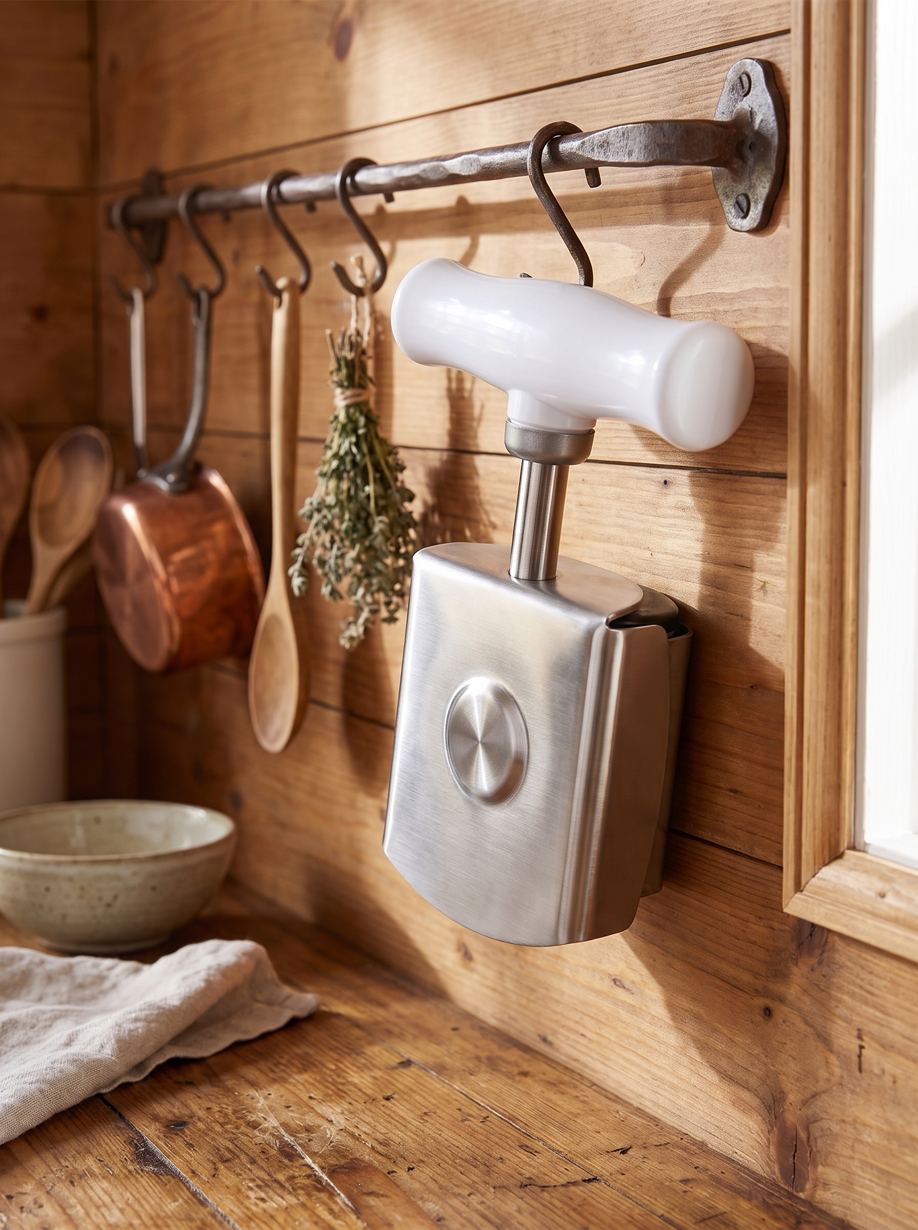 Steel lid opener hanging from a kitchen rail hook