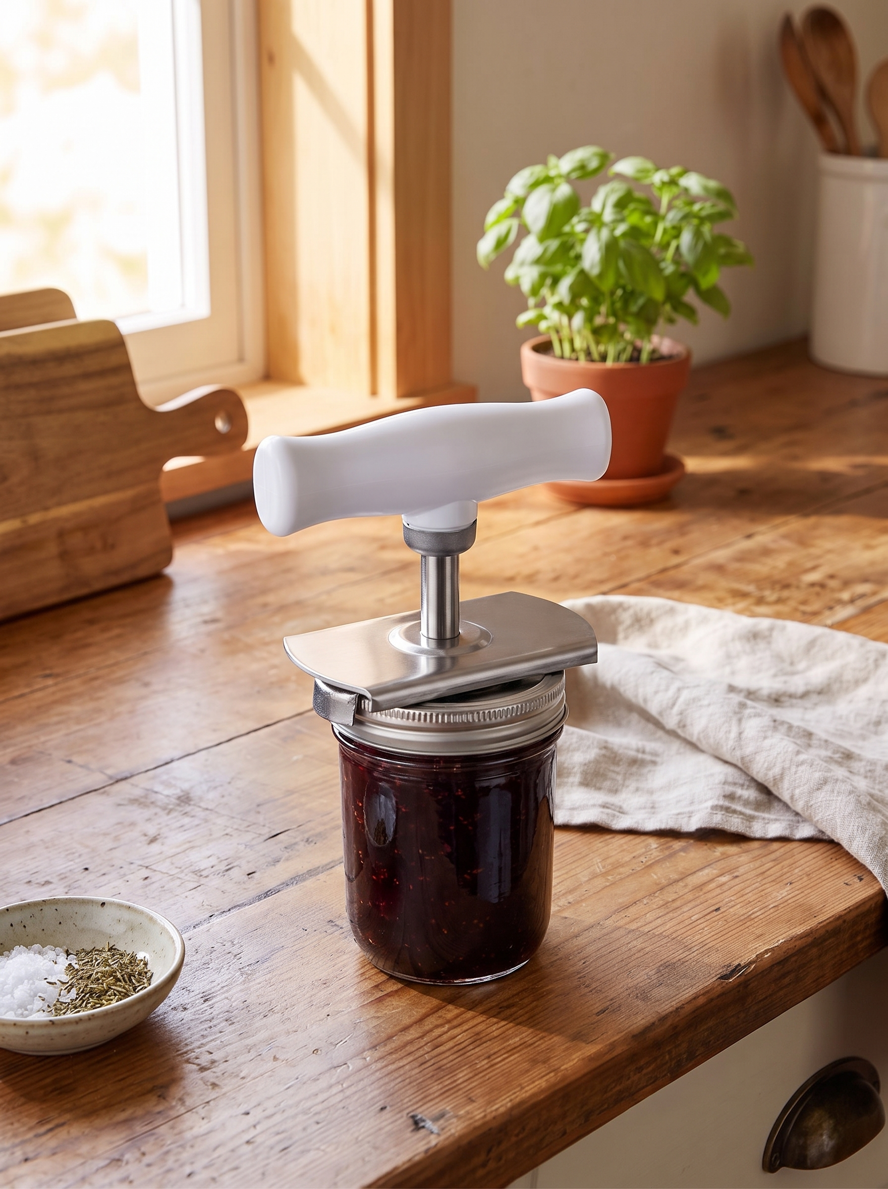 Adjustable lid opener clamped over a jam jar lid