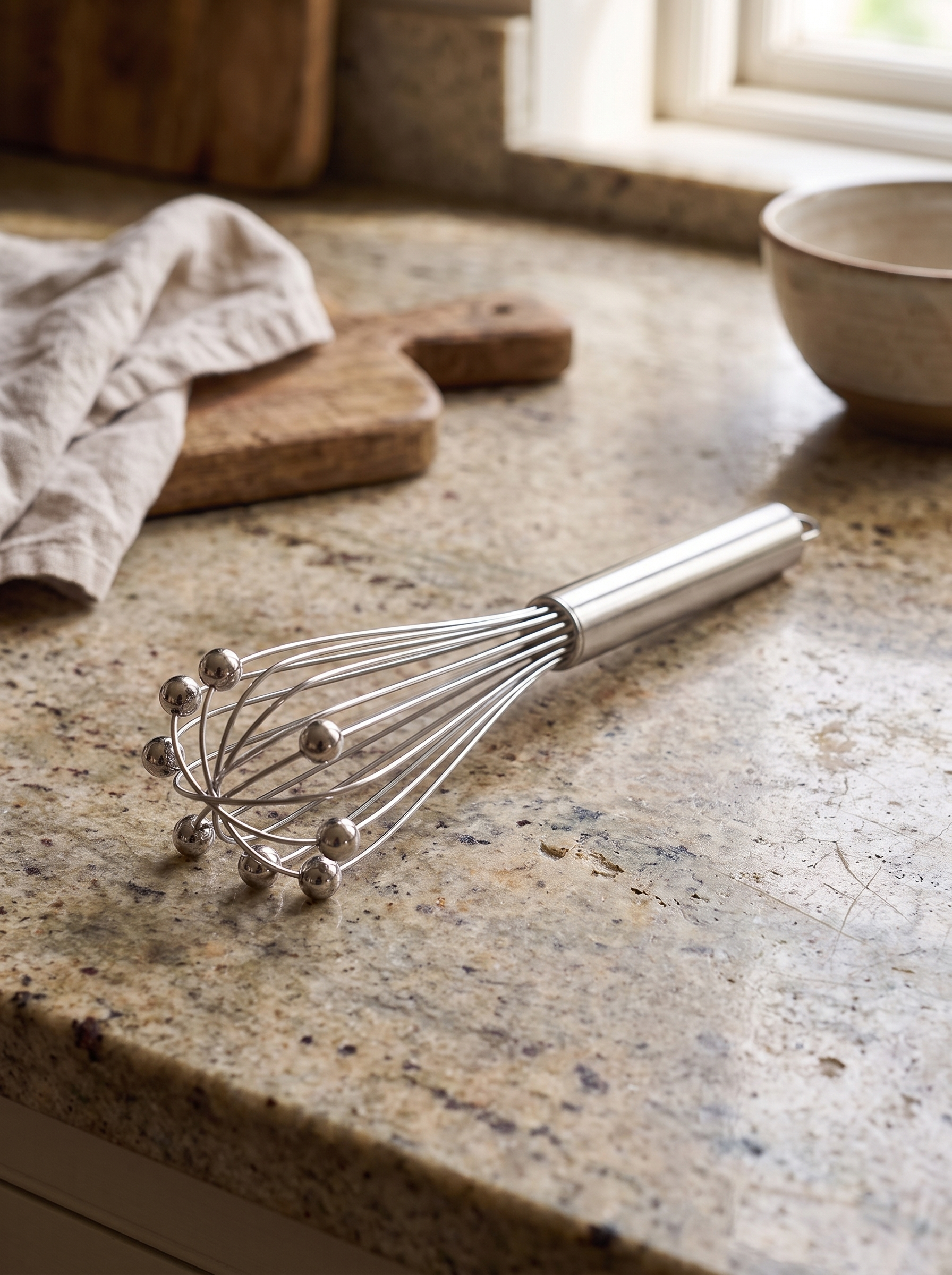 Close view of the ball tipped wires of the whisk