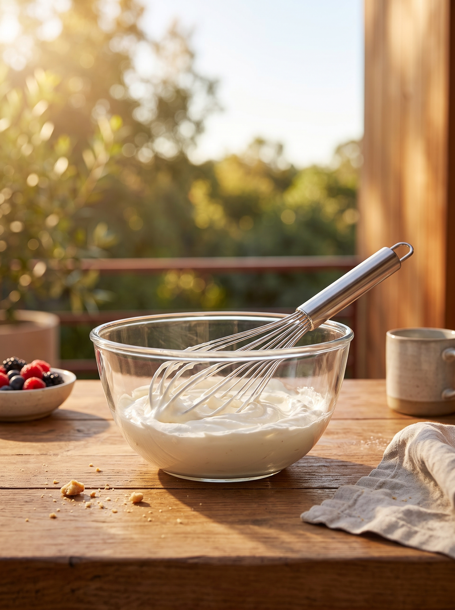 Balloon whisk in a bowl of whipped cream