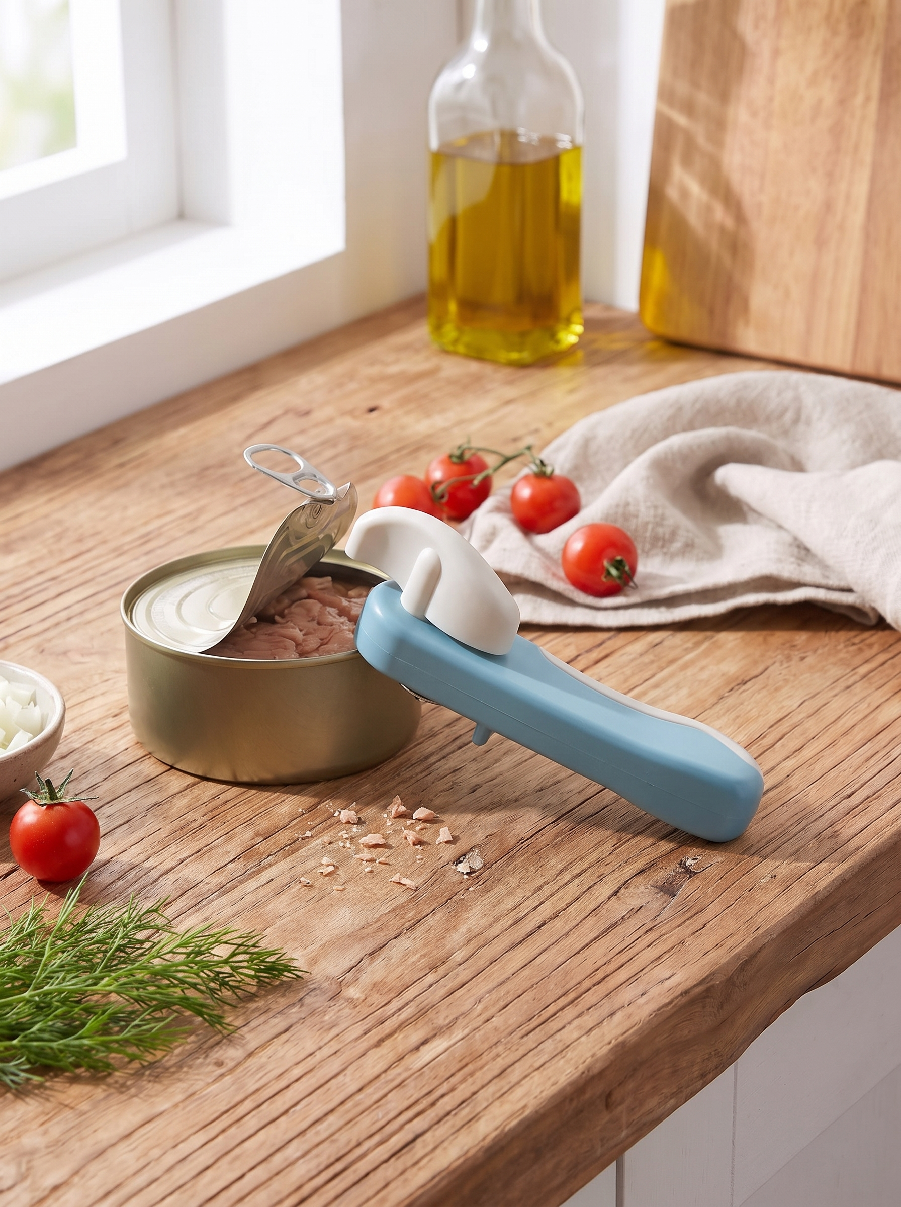 Manual can opener clamped onto a tin can rim