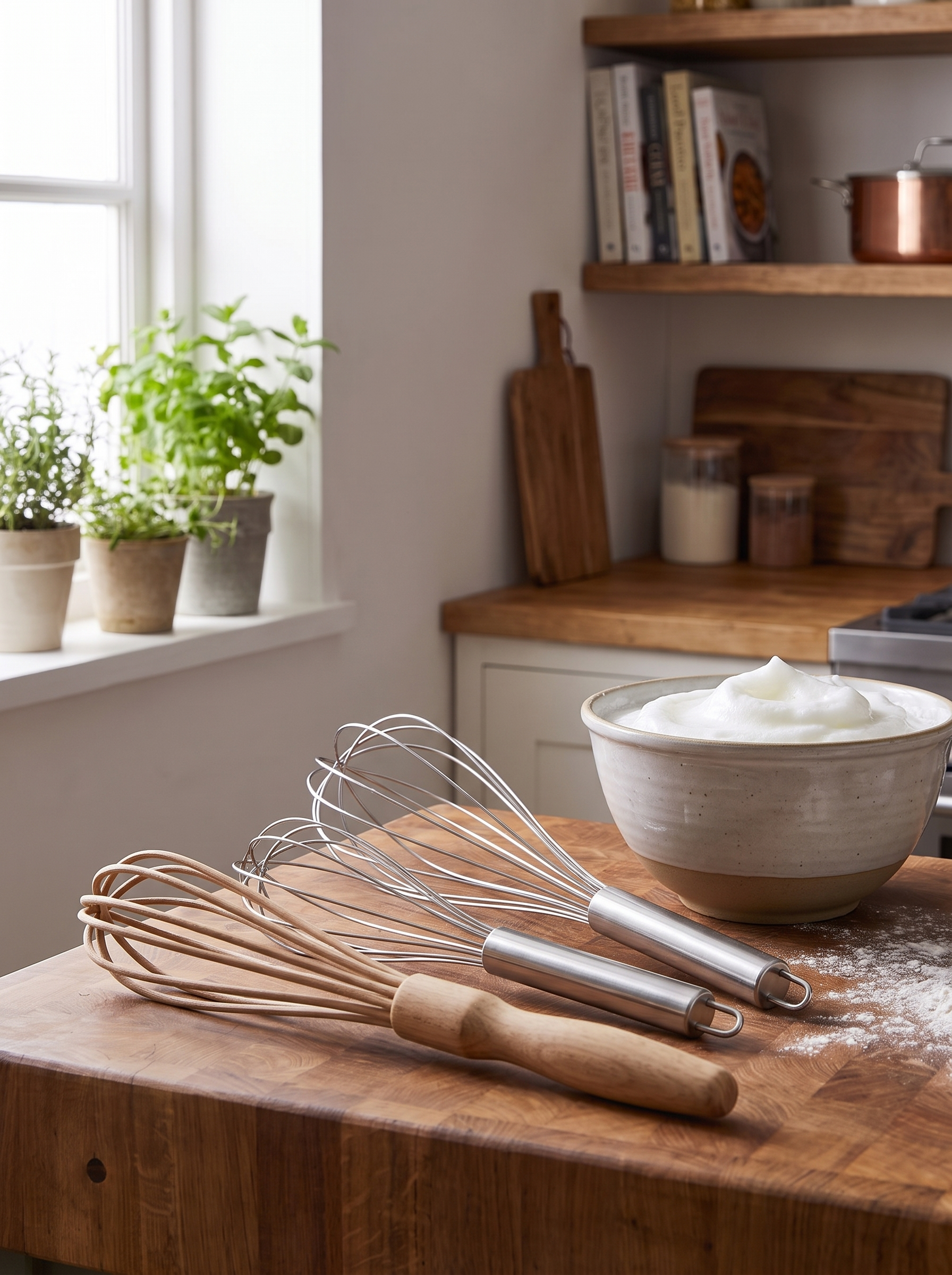 Three balloon whisks of different lengths side by side