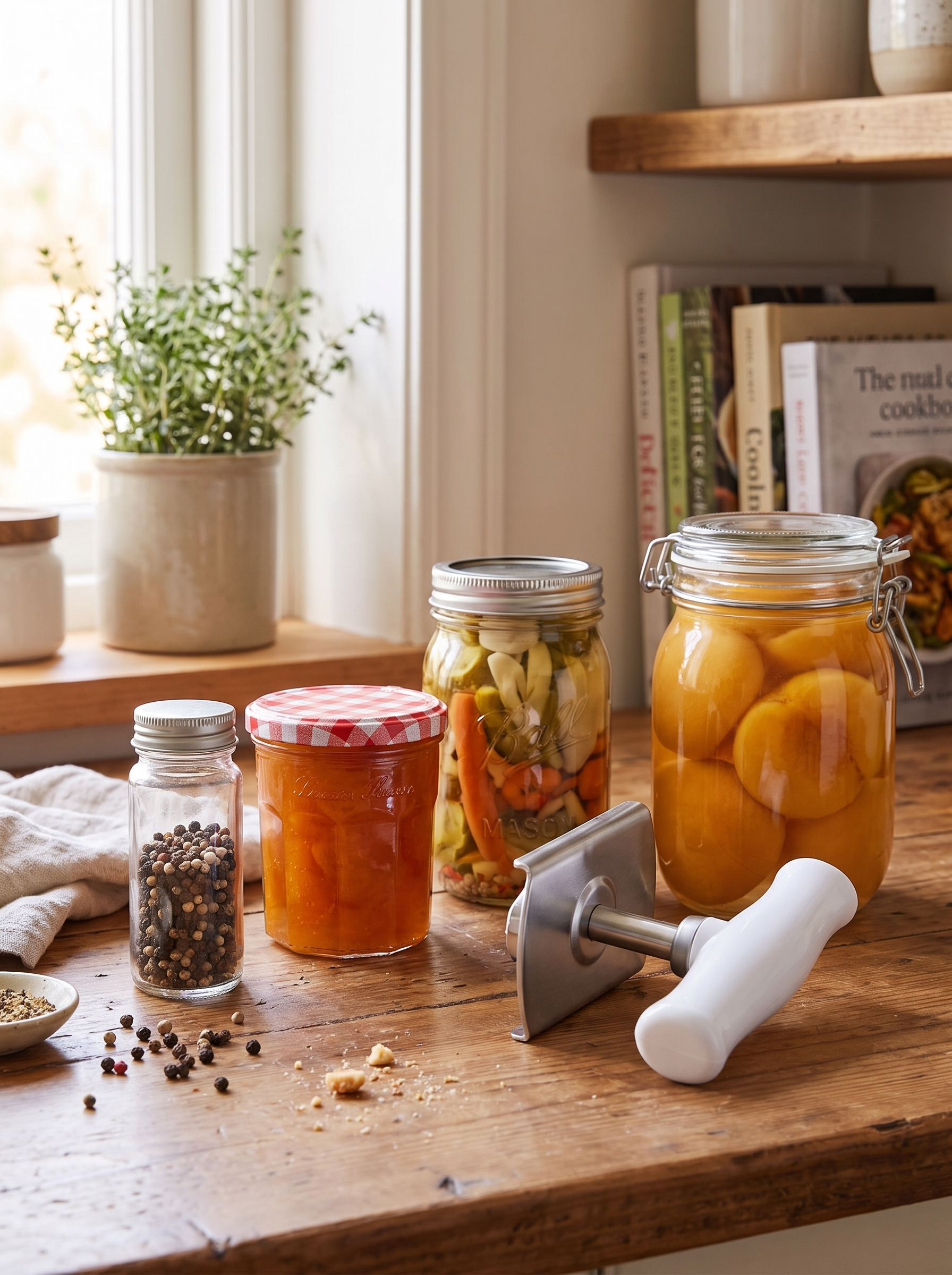 Lid opener beside jars of several sizes