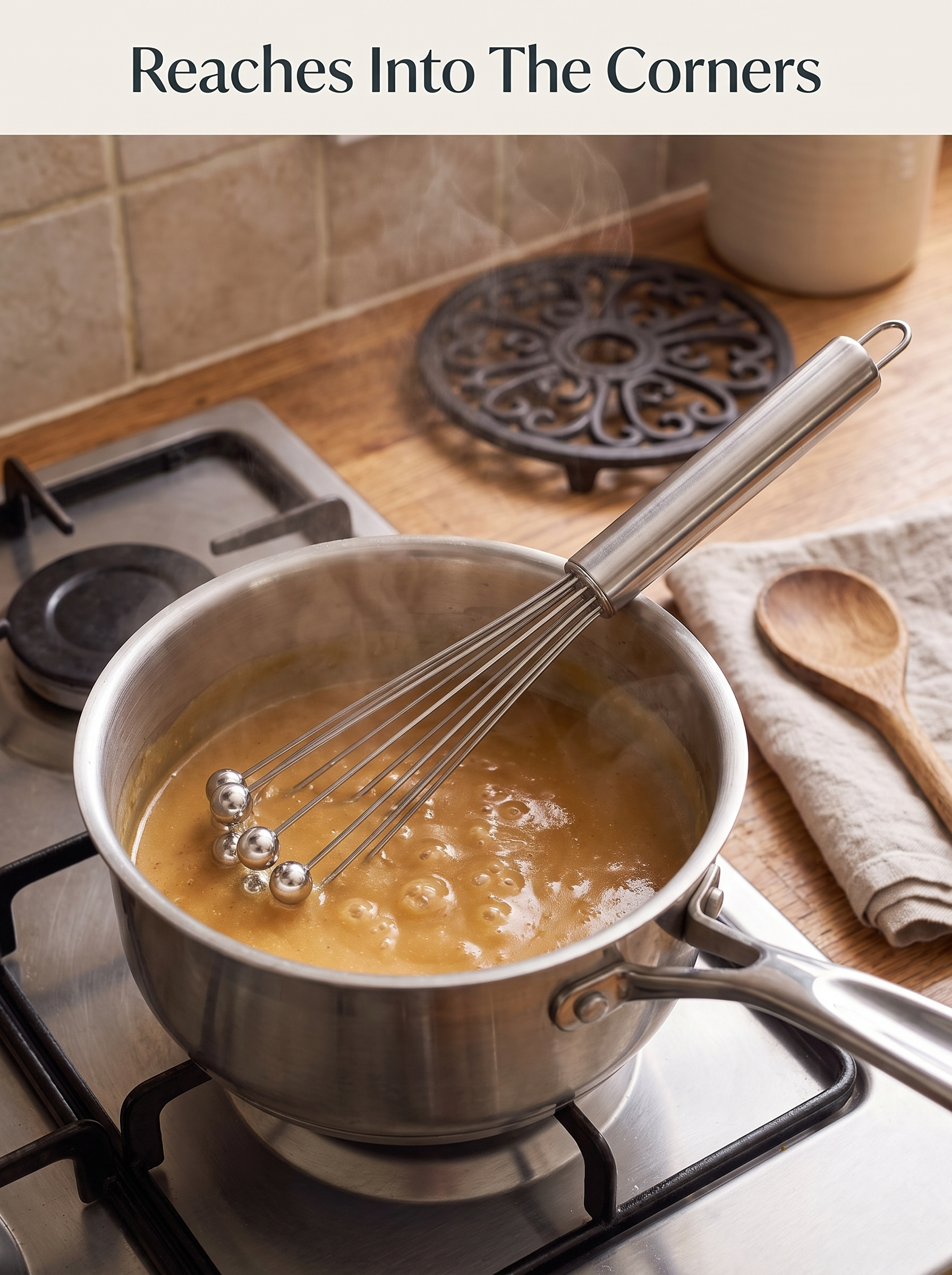 Ball whisk resting in a saucepan of sauce