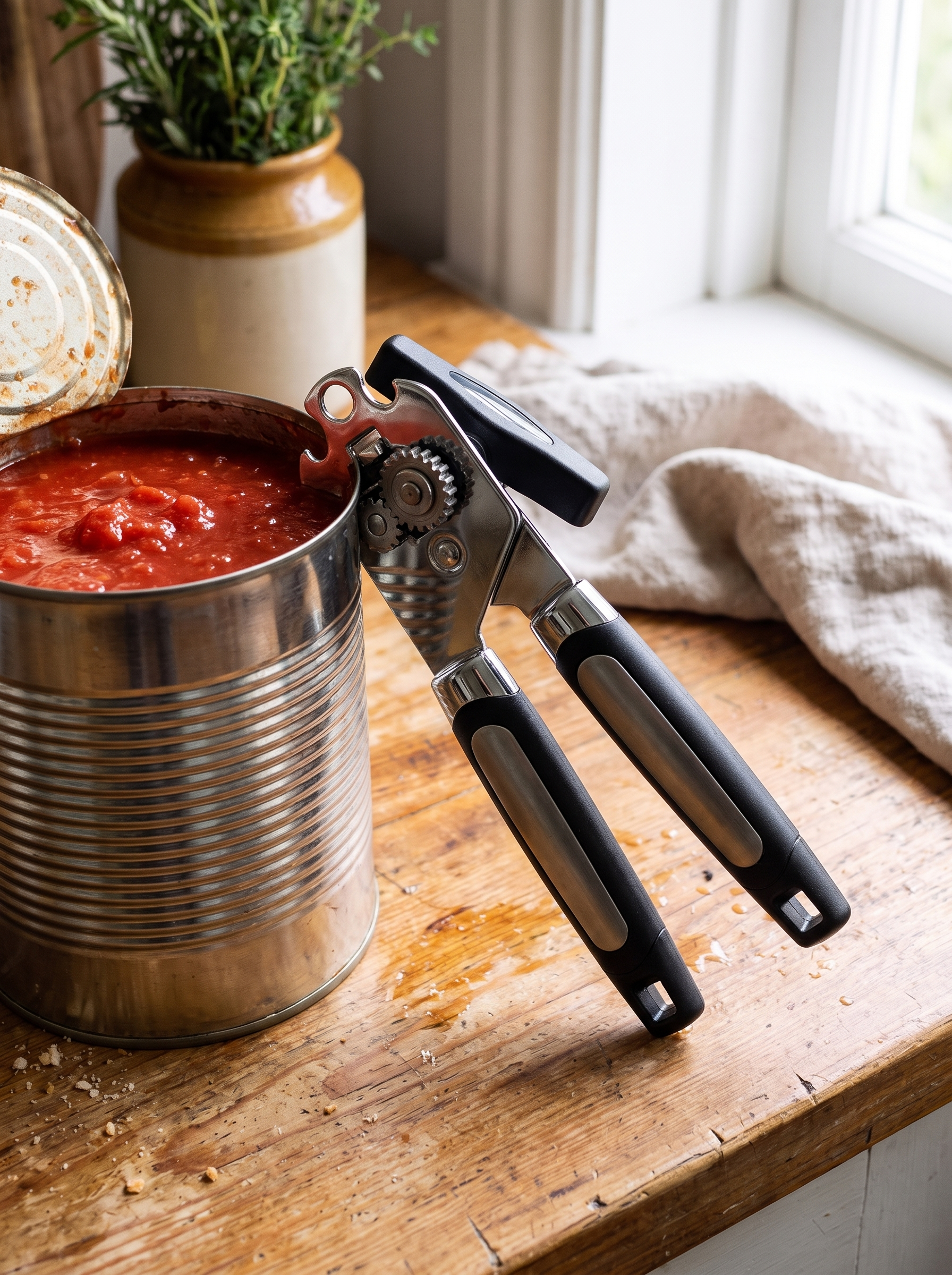 Can opener clamped to the side of a large catering tin