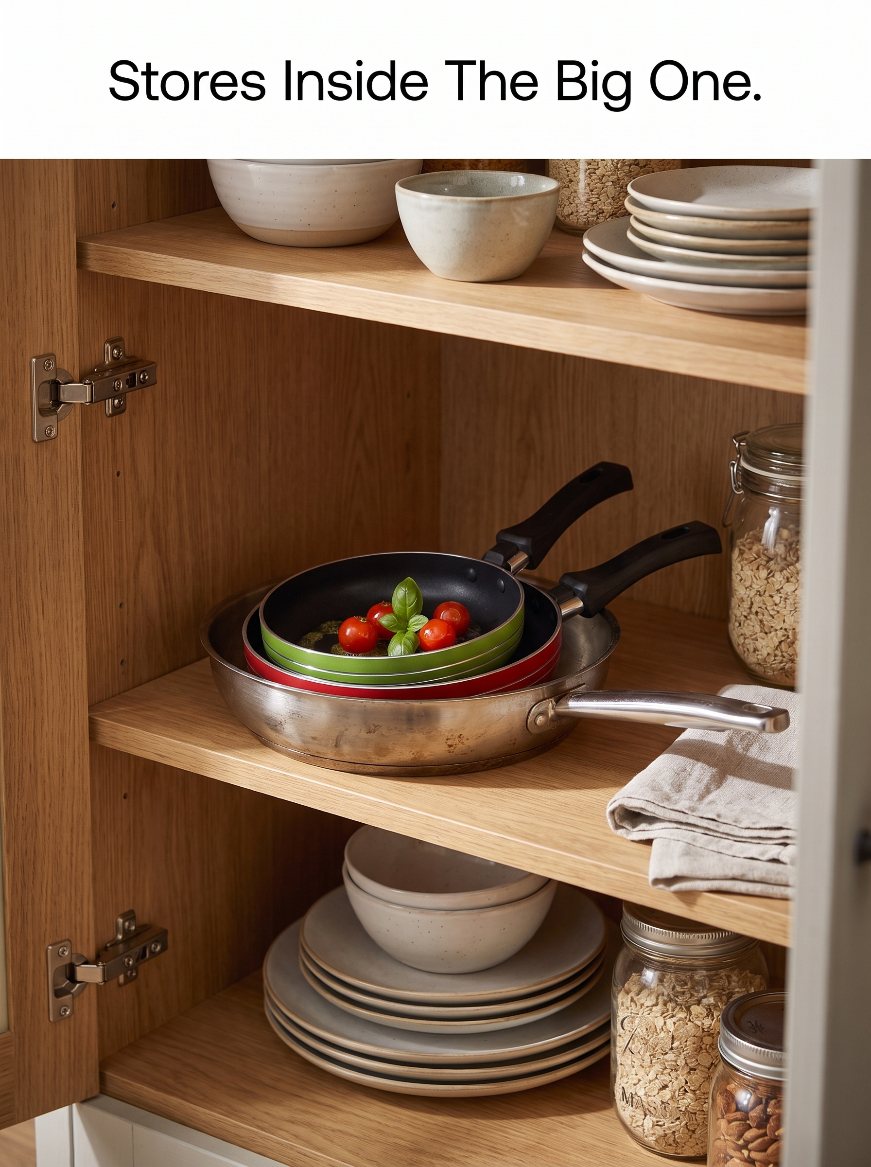 Mini pan nested inside a larger frying pan in a cupboard