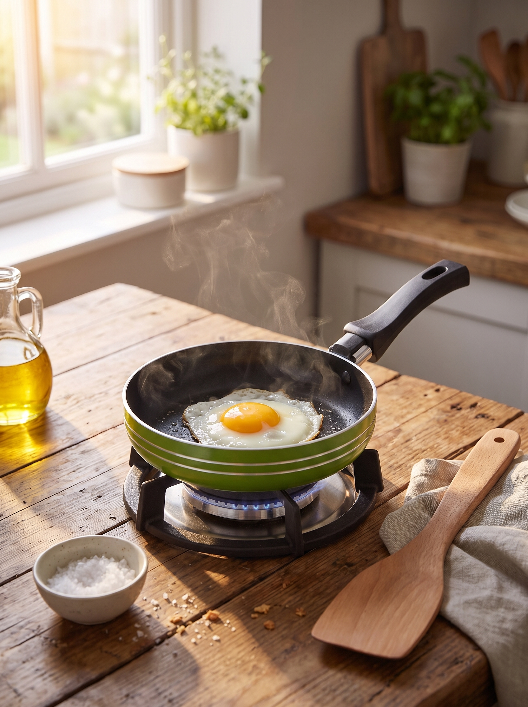 Mini frying pan on a gas ring with a single fried egg