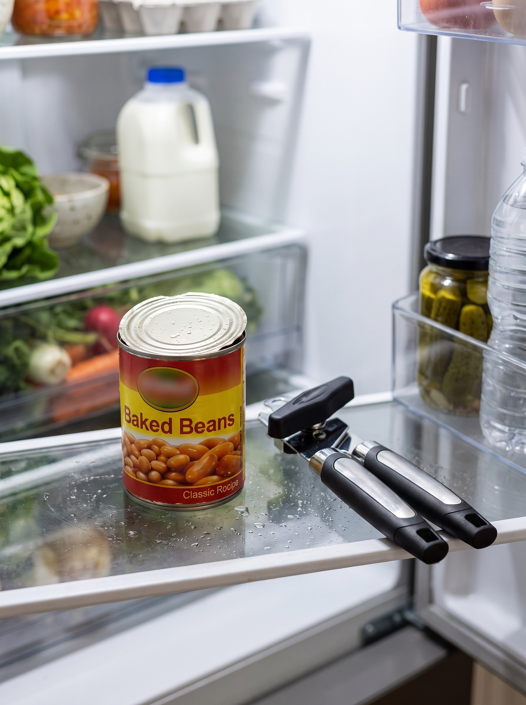 Opened tin in a fridge with its lid resting back on as a cover