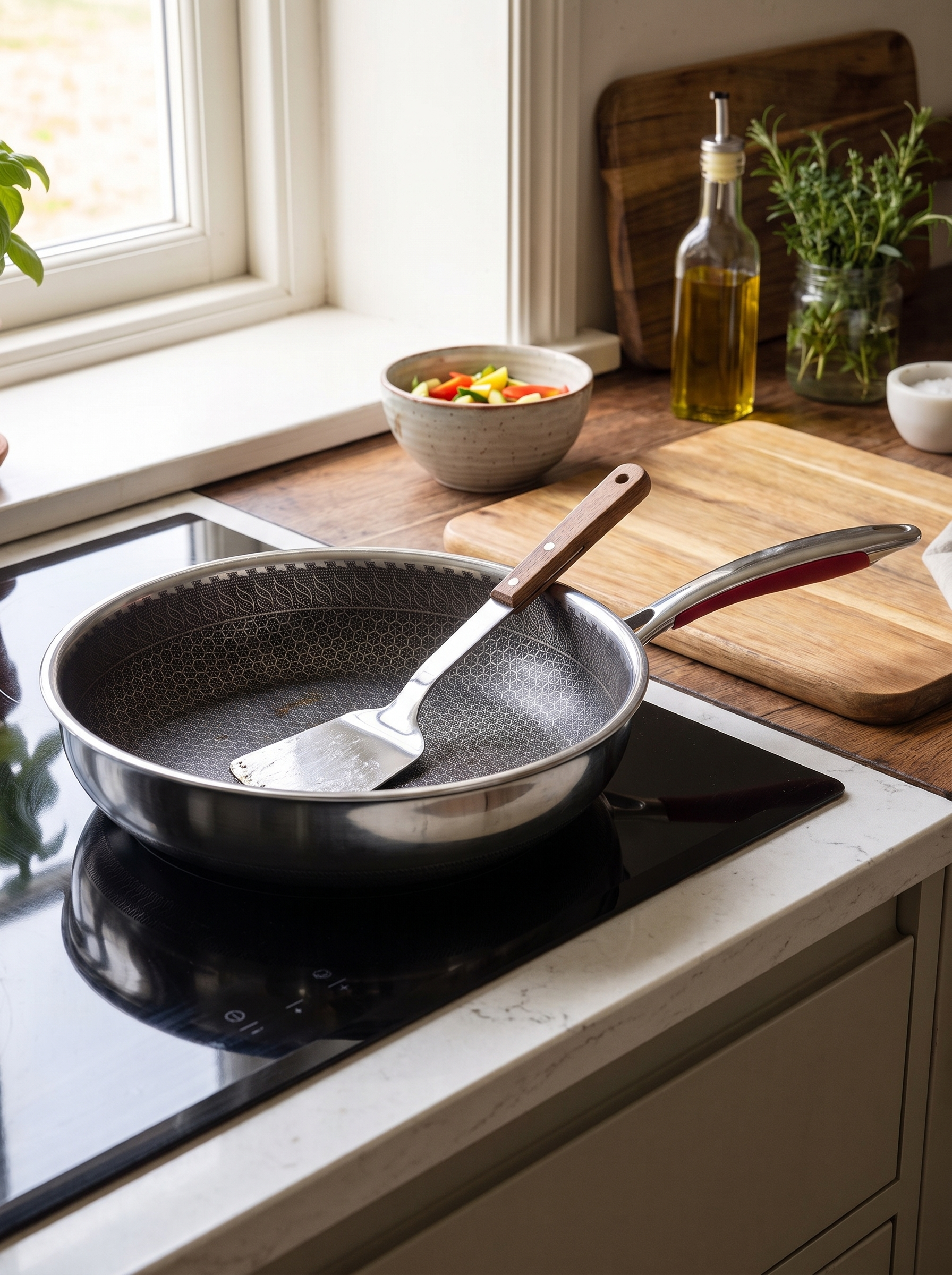 Steel pan on an induction hob with a metal spatula inside