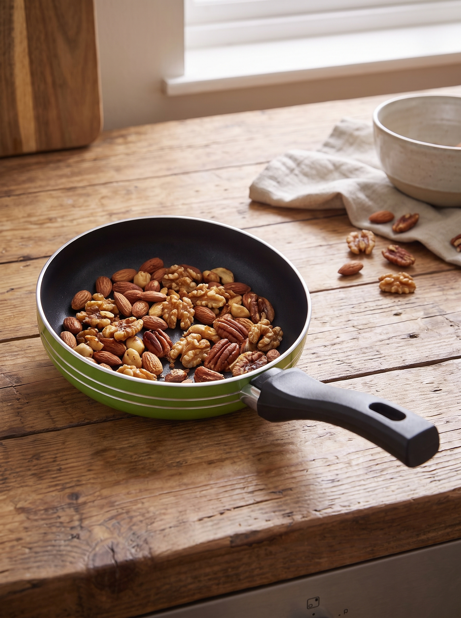 Mini frying pan holding toasted nuts