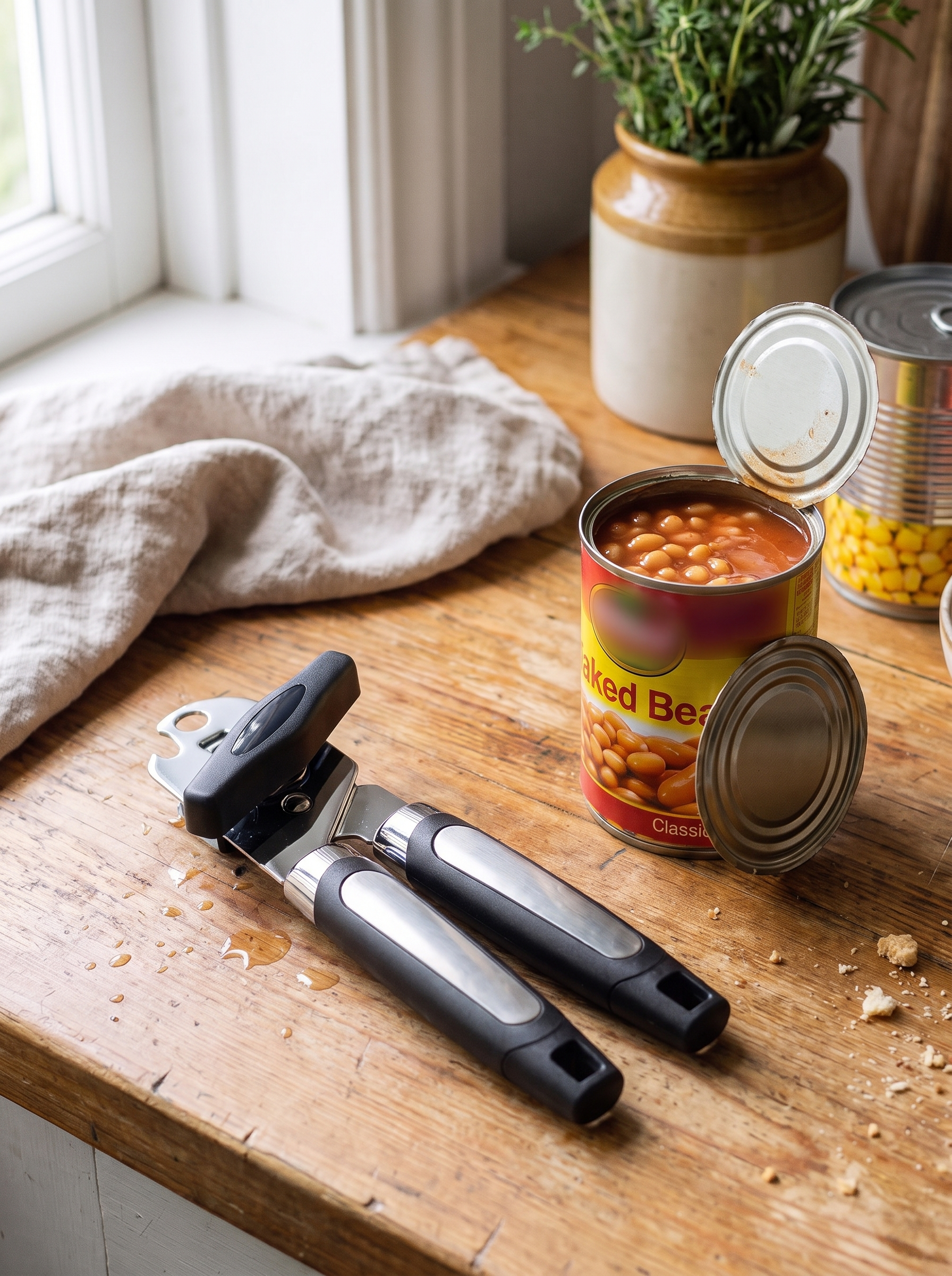 Side cut can opener beside an opened tin and its clean lid