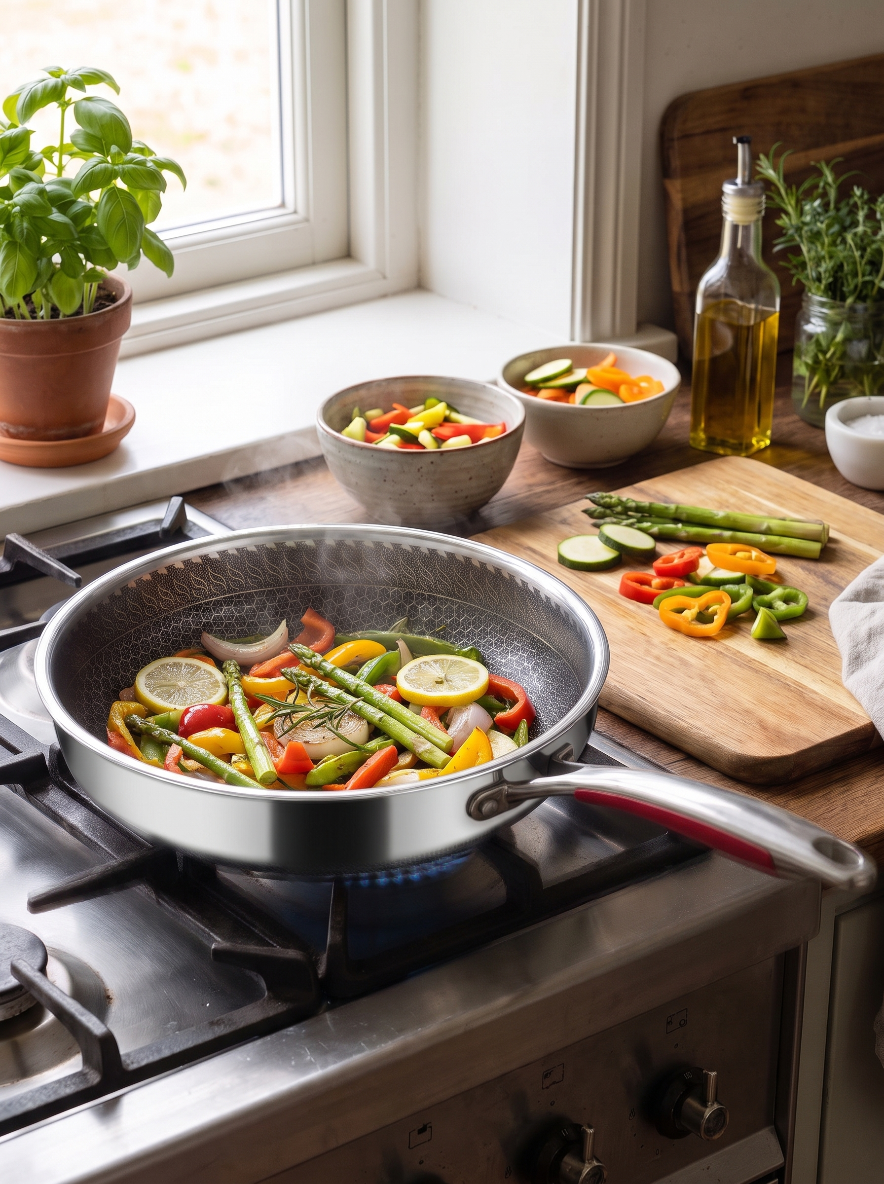 Honeycomb steel wok on a gas hob with vegetables searing