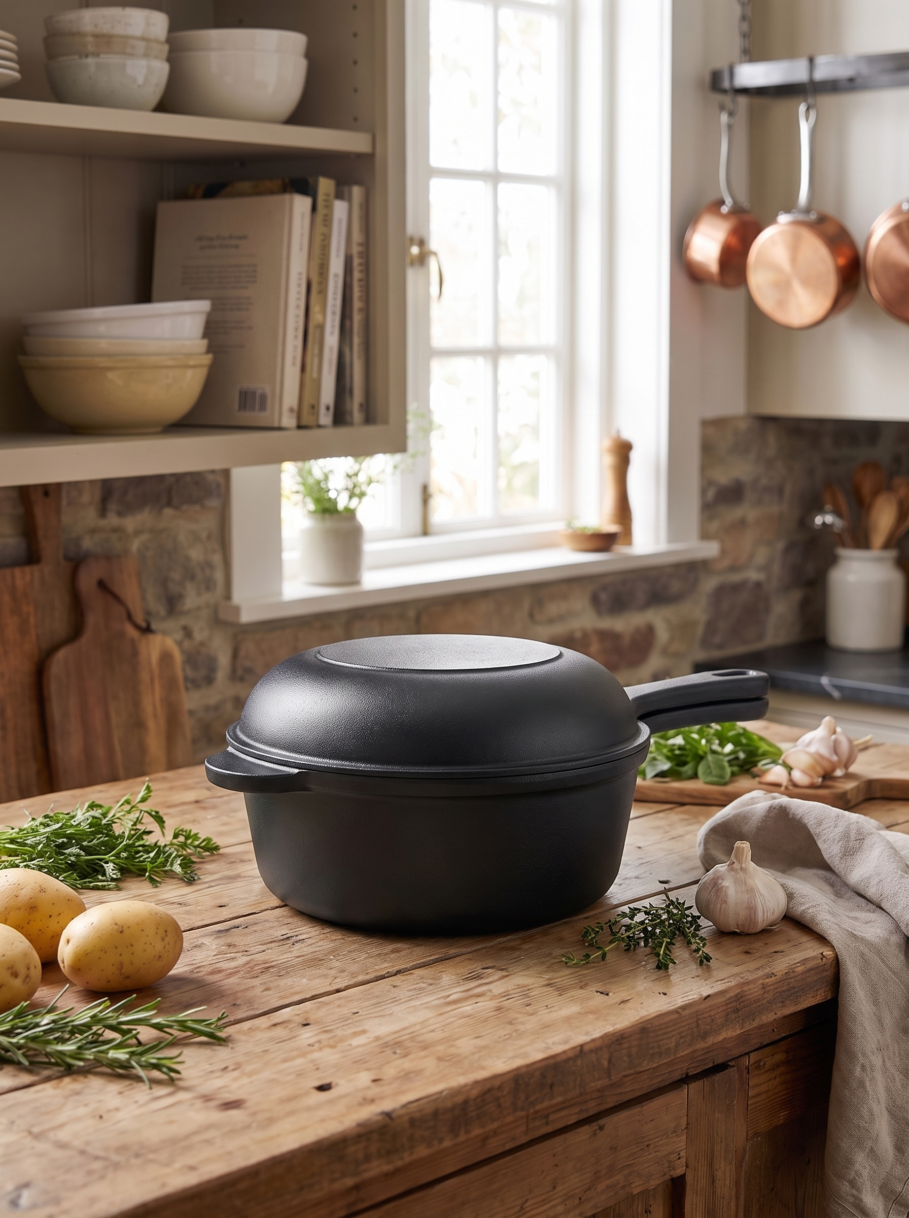Cast iron pot with the skillet inverted on top as a lid