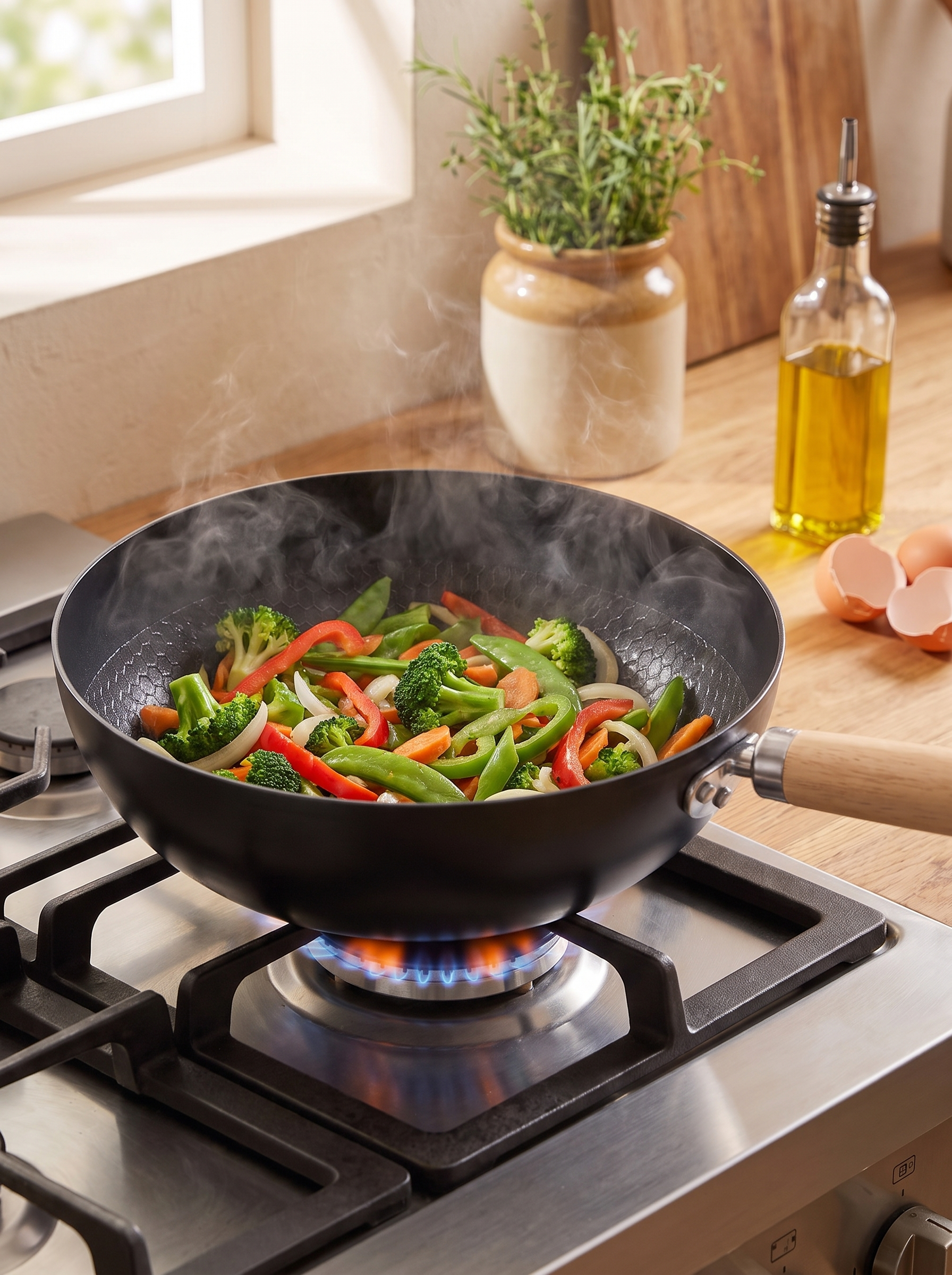 Cast iron wok searing vegetables on a gas hob