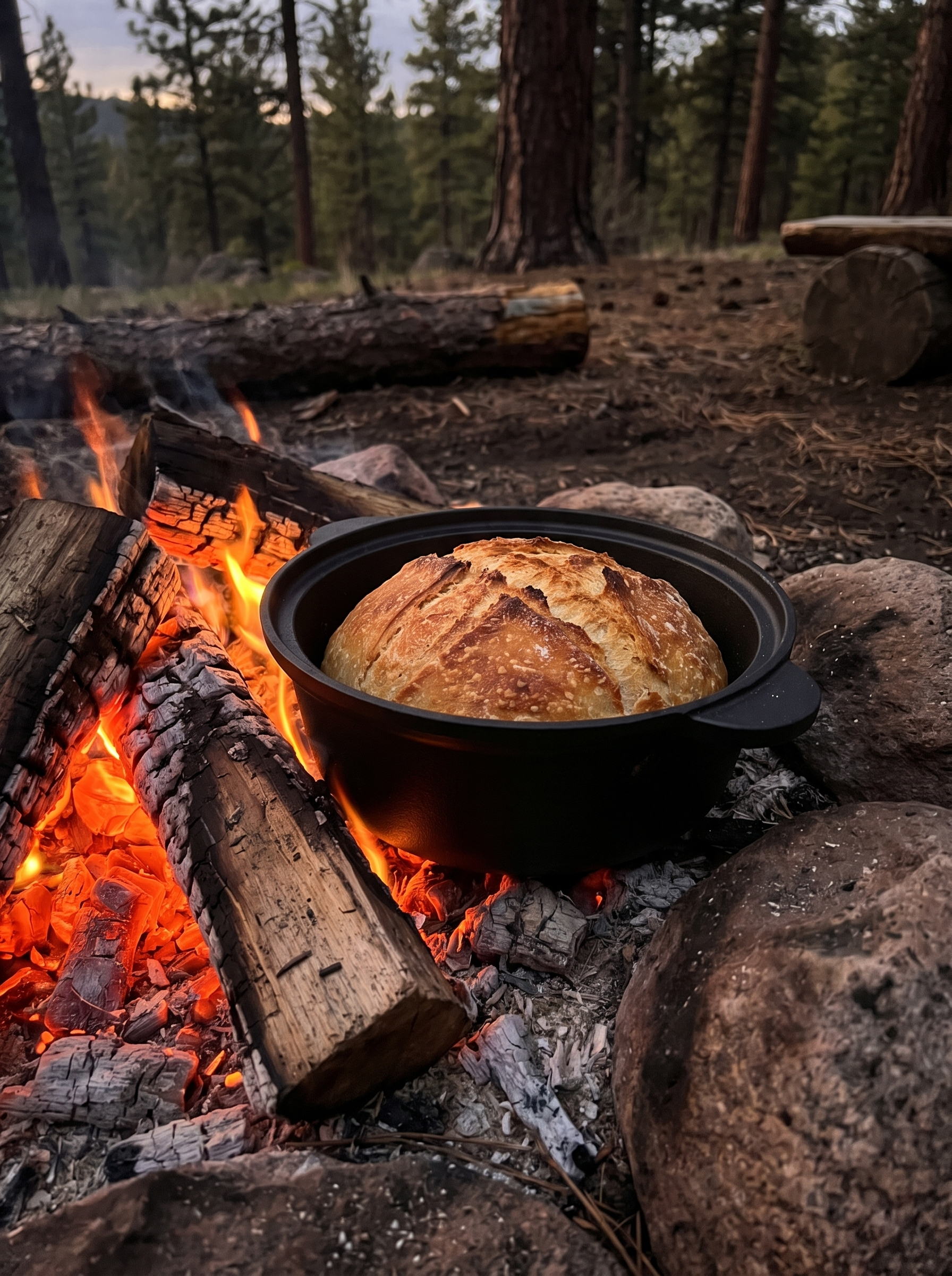 Cast iron pot baking bread beside campfire embers