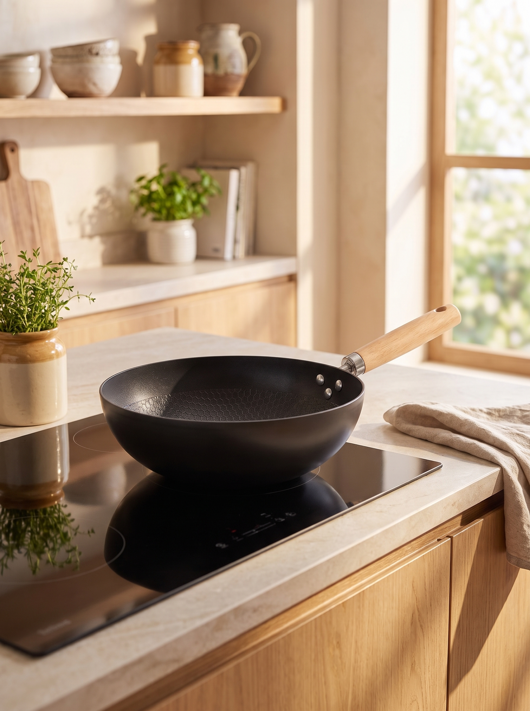 Cast iron wok on an induction hob in a modern kitchen