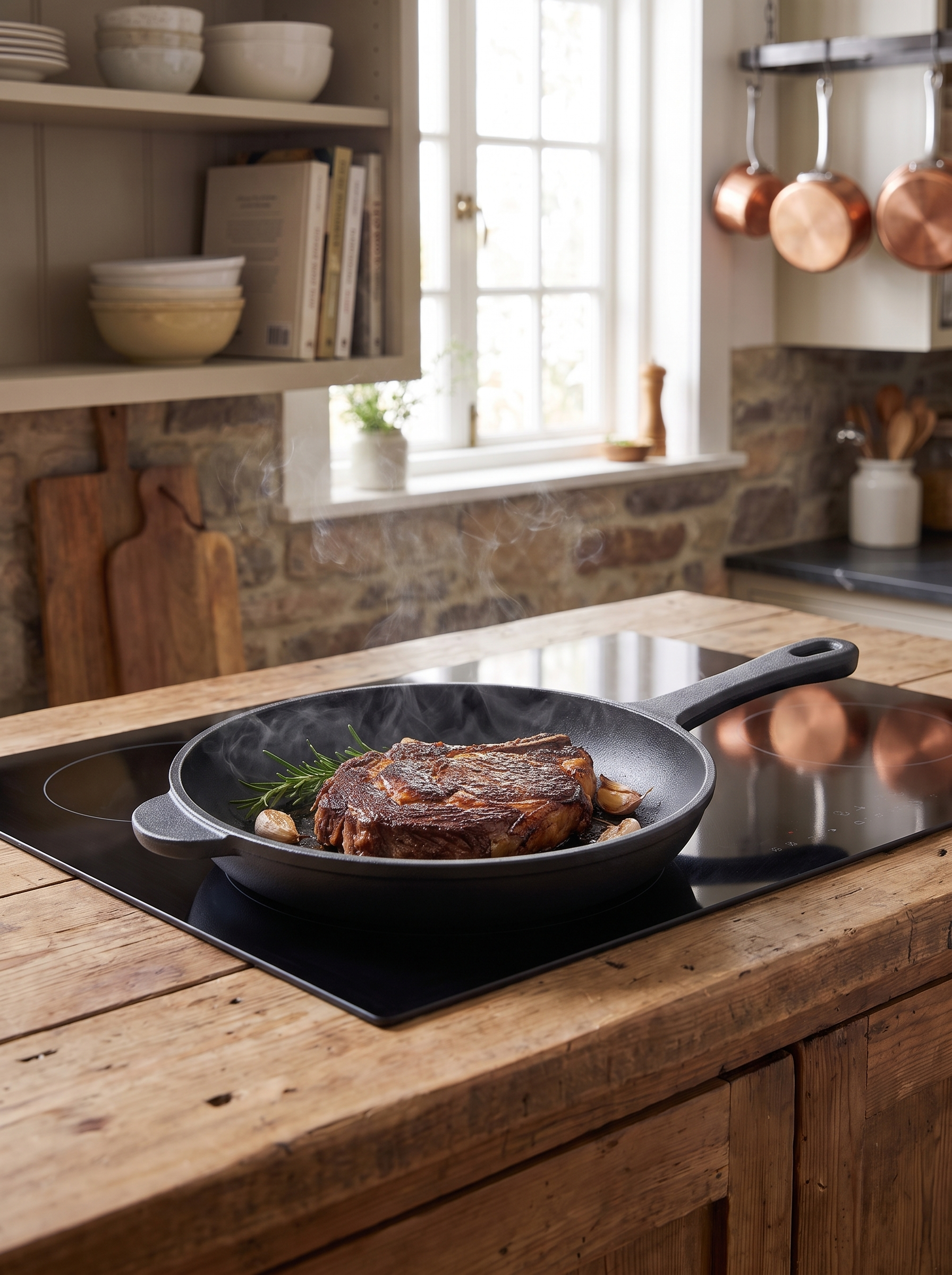 Cast iron skillet with a seared steak resting in it
