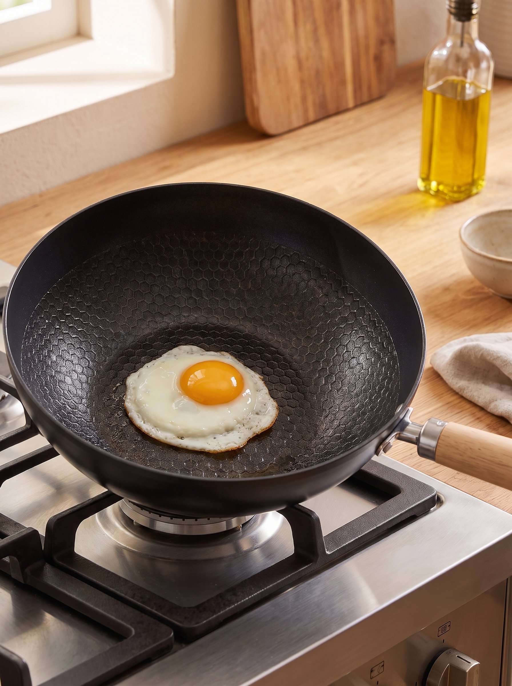 Seasoned interior of the cast iron wok releasing an egg