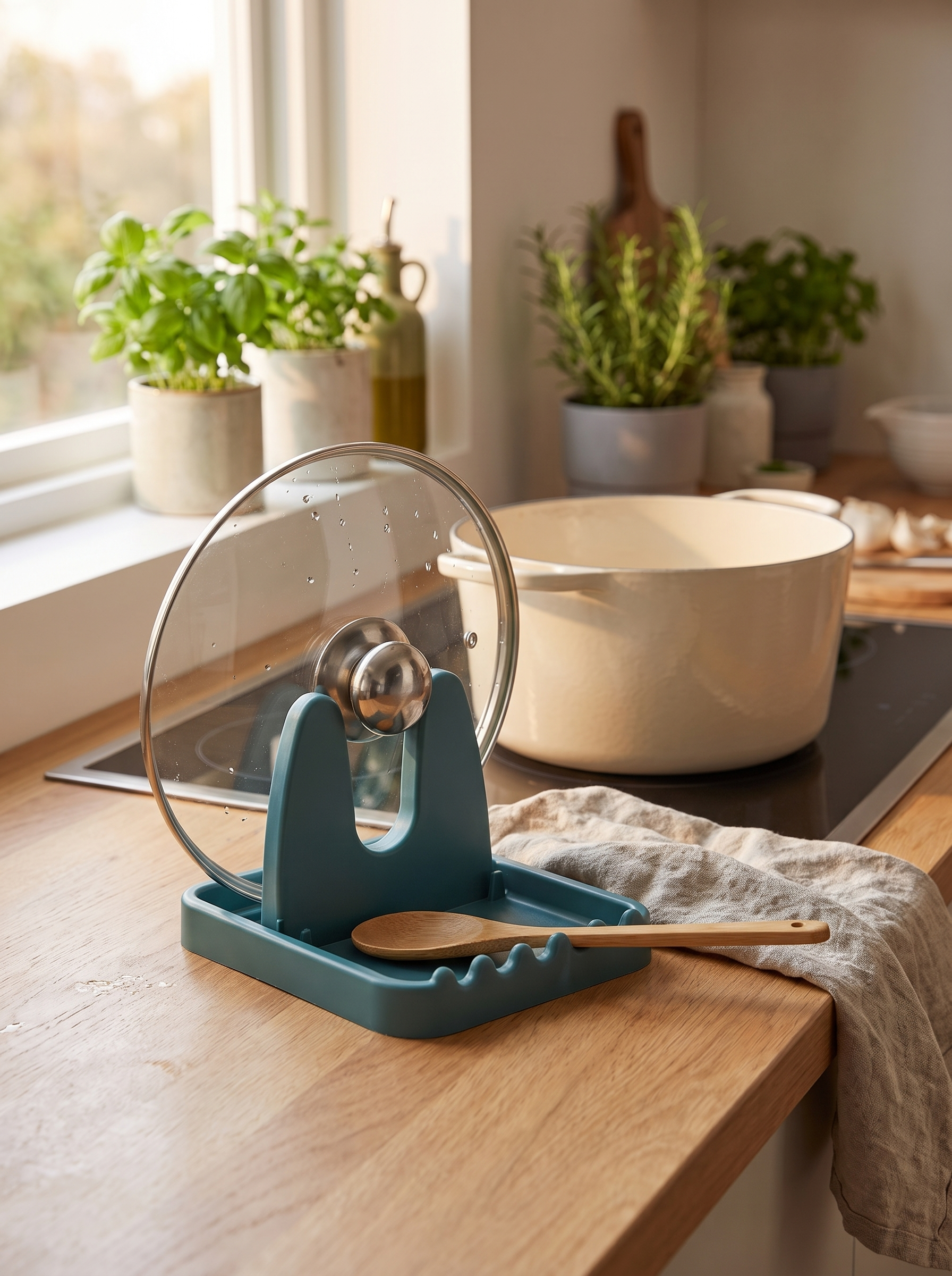 Foldable rack holding a pot lid and a wooden spoon