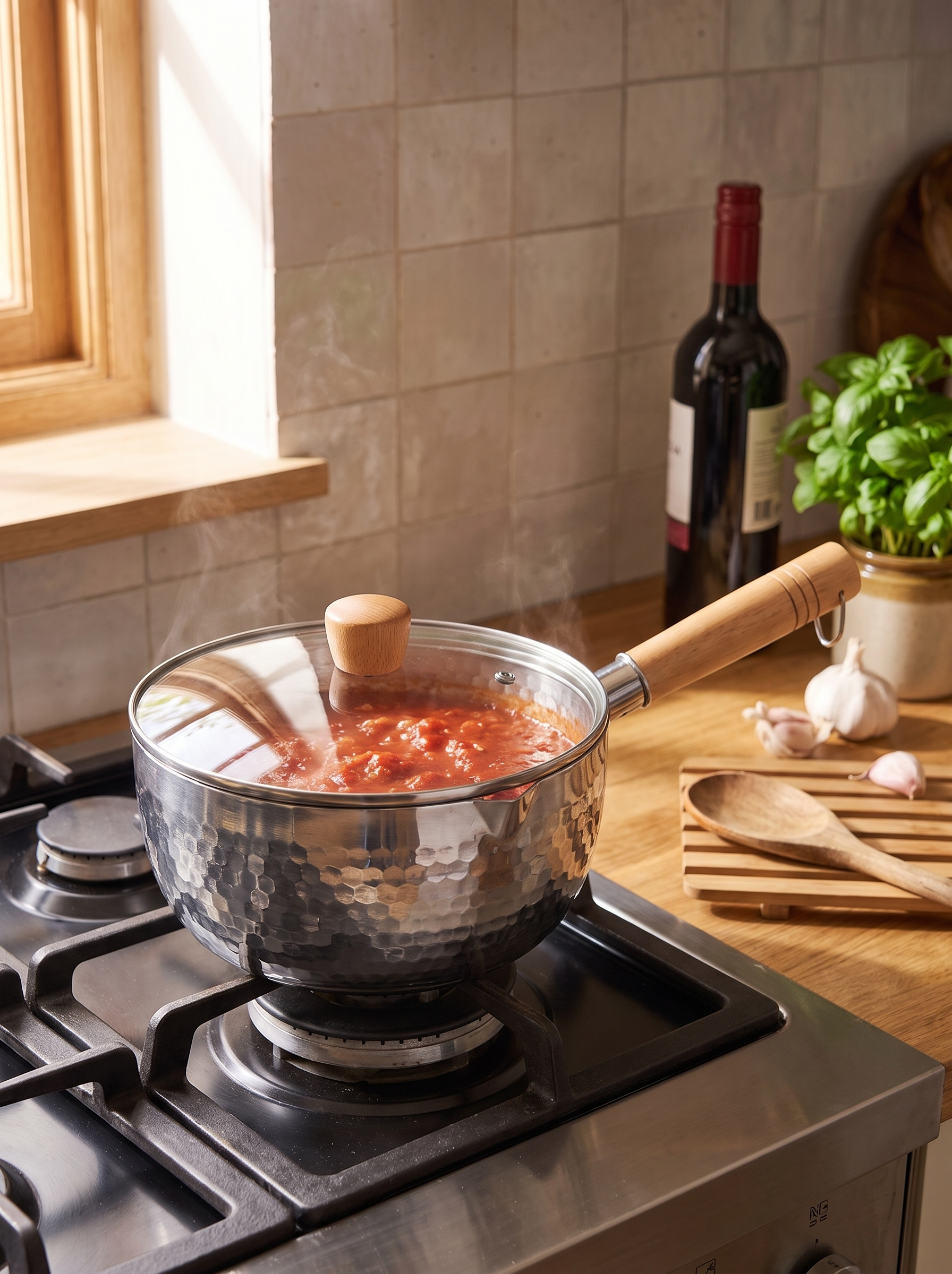 Saucepan with lid on simmering tomato sauce