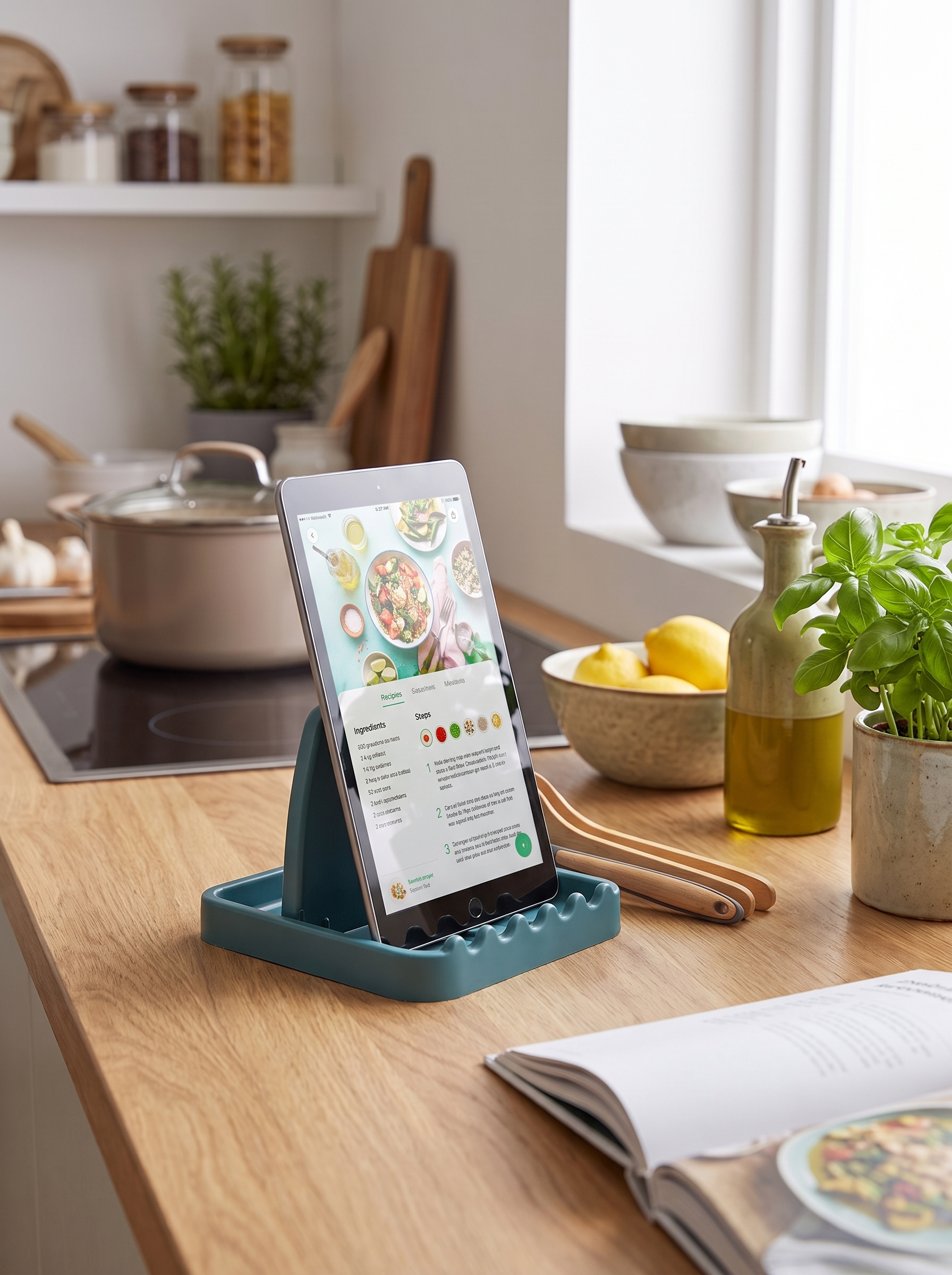 Rack holding a tablet upright for a recipe