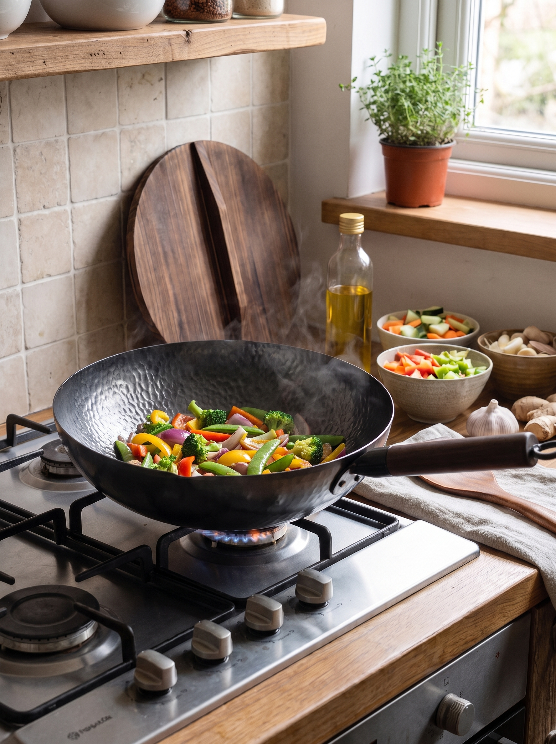 Carbon steel wok searing vegetables on a domestic hob