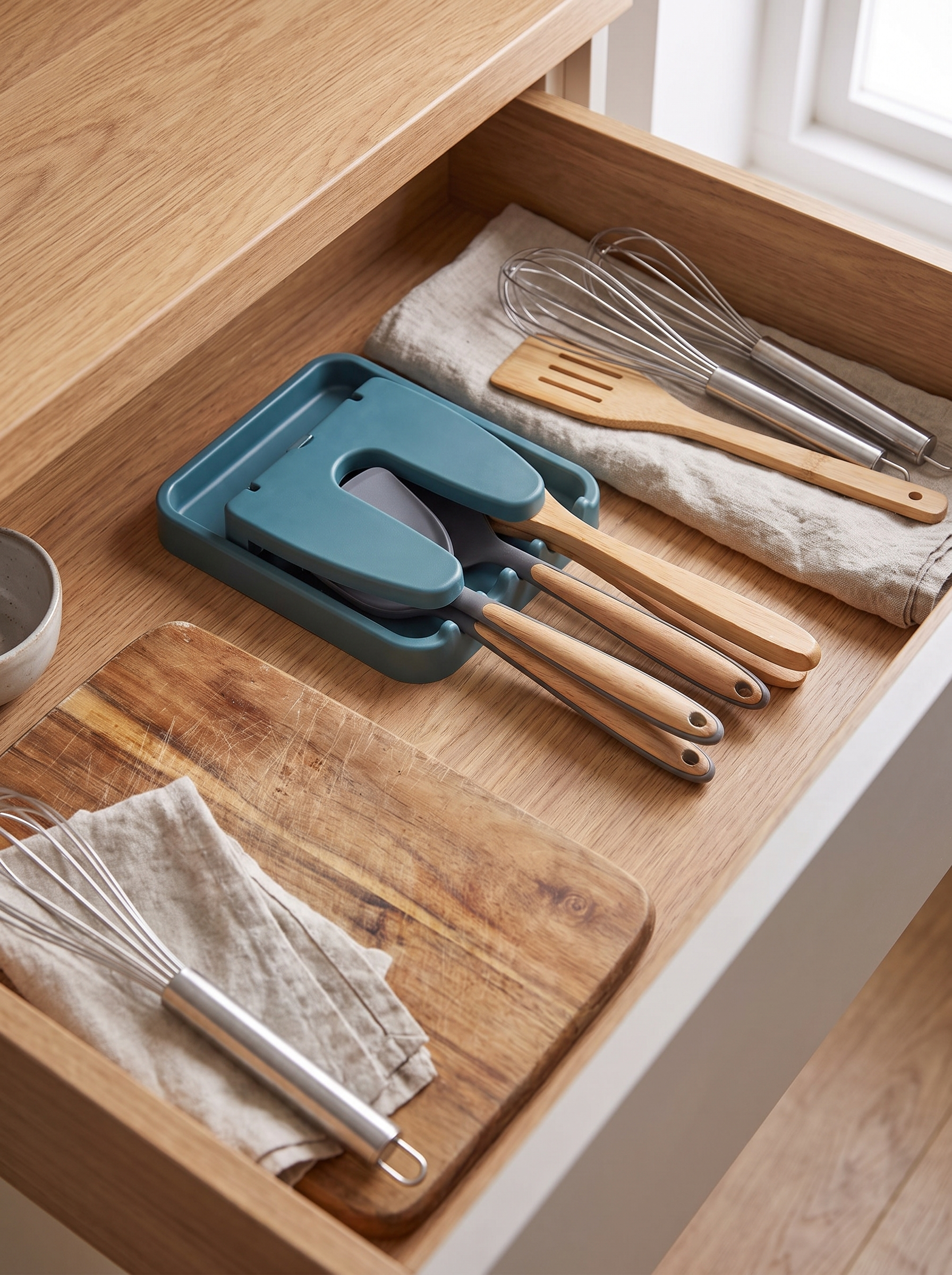 Lid rack folded flat in a kitchen drawer
