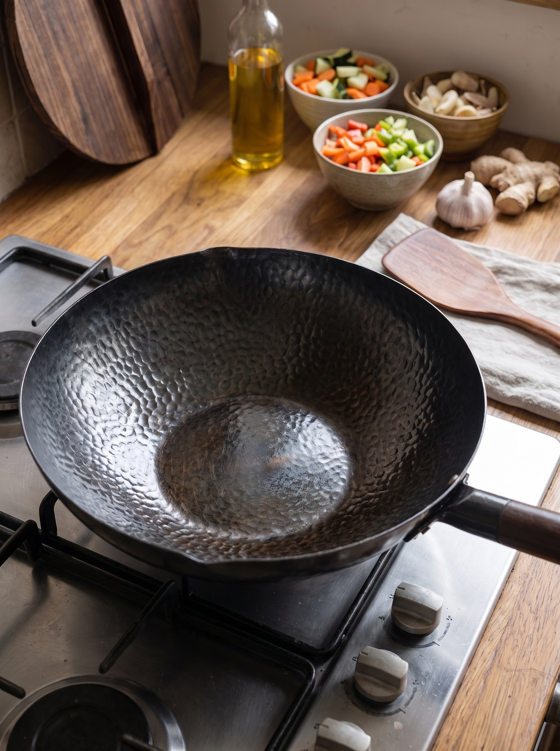 Seasoned interior of the carbon steel wok