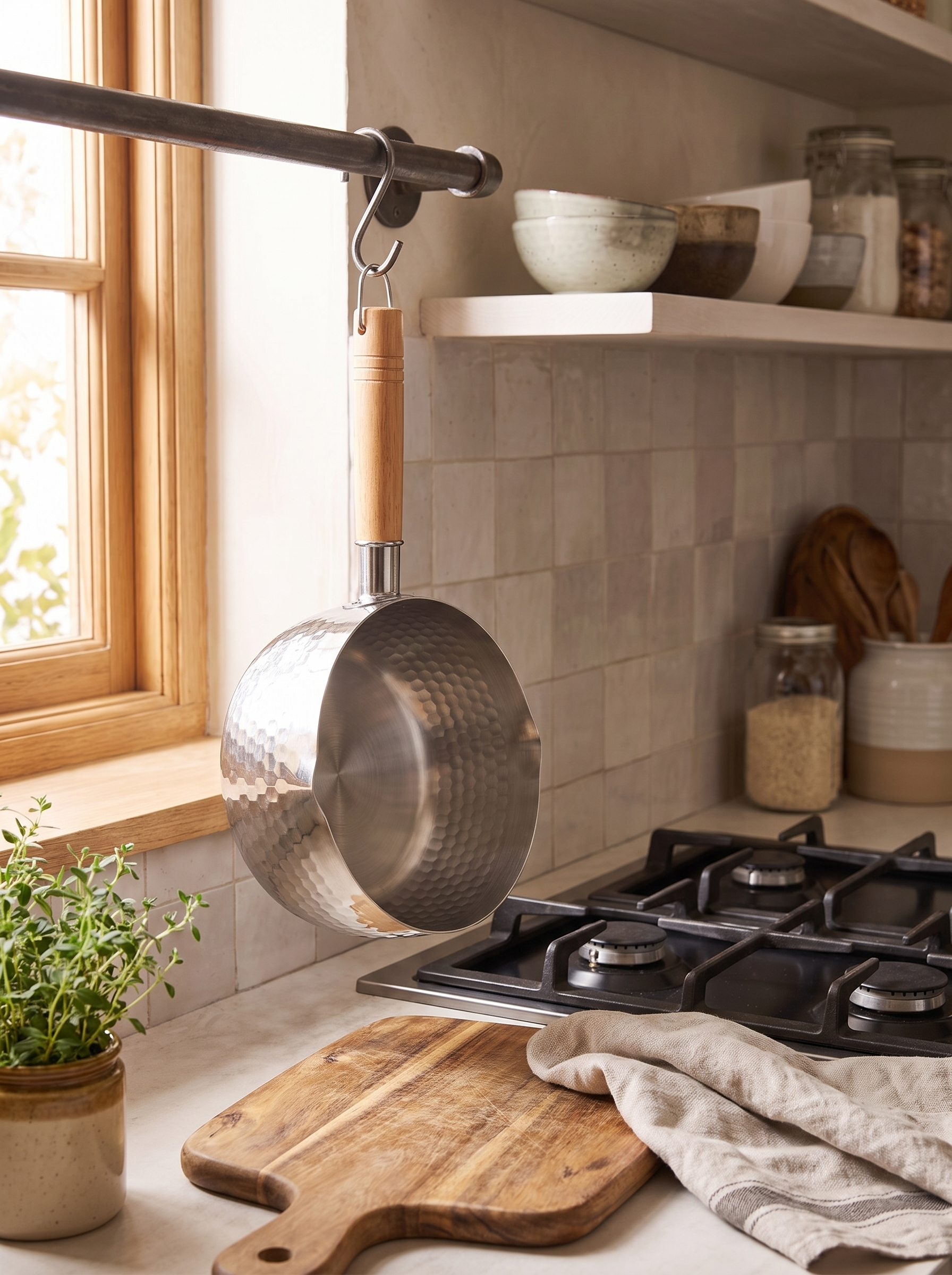Saucepan hanging by its wooden handle from a kitchen rail