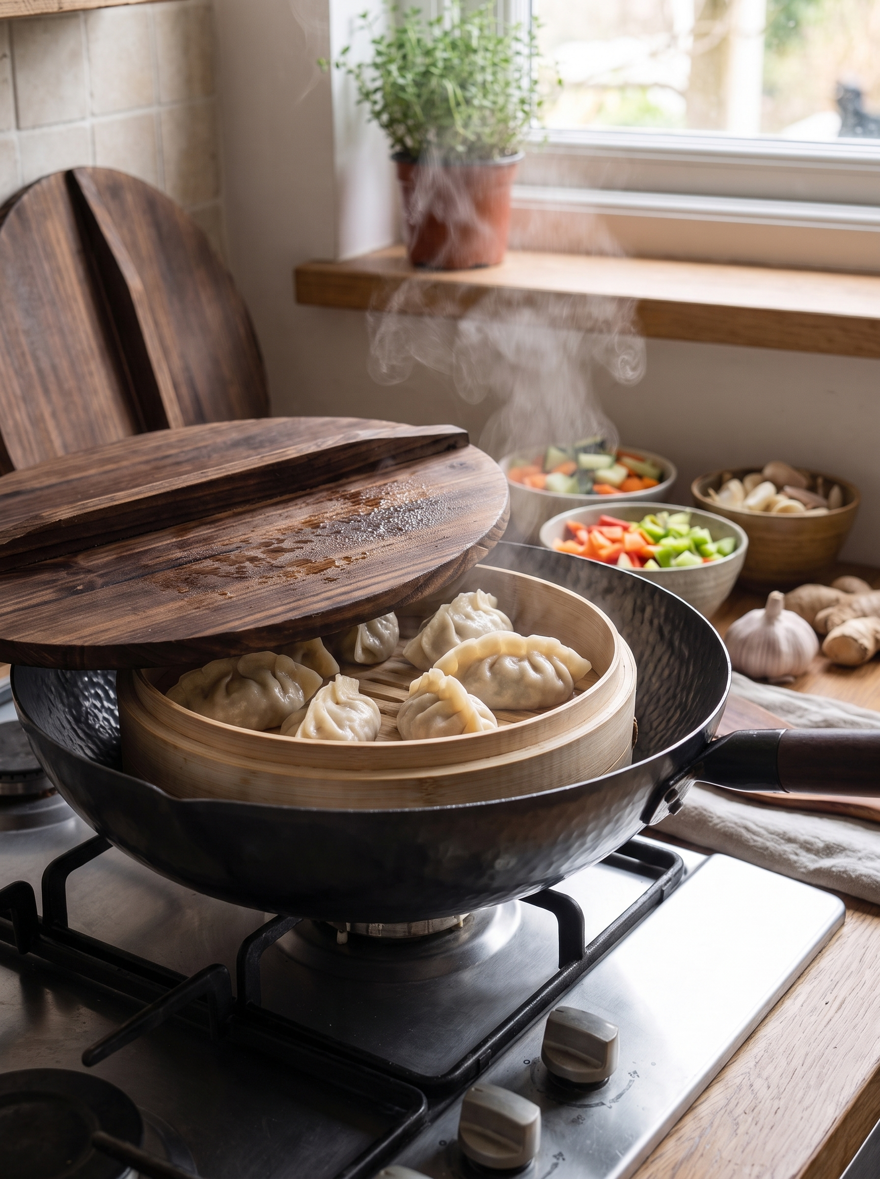 Carbon steel wok with its wooden lid on steaming dumplings