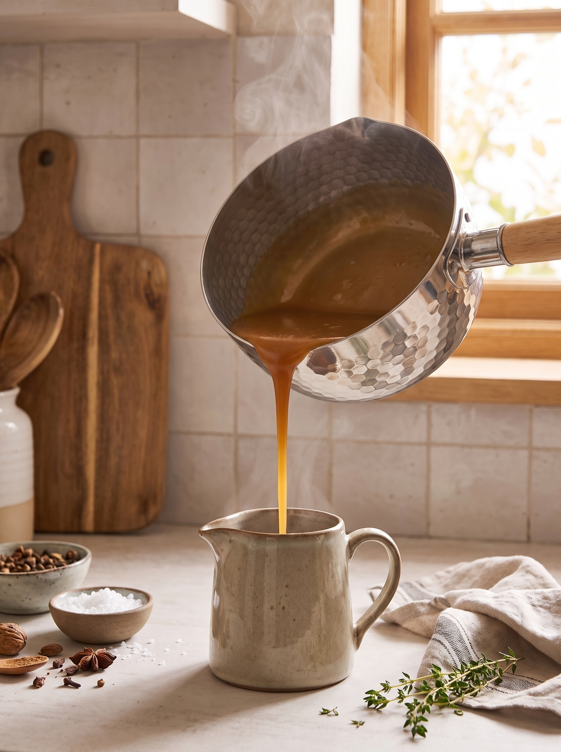 Steel saucepan pouring sauce cleanly from its spout into a jug